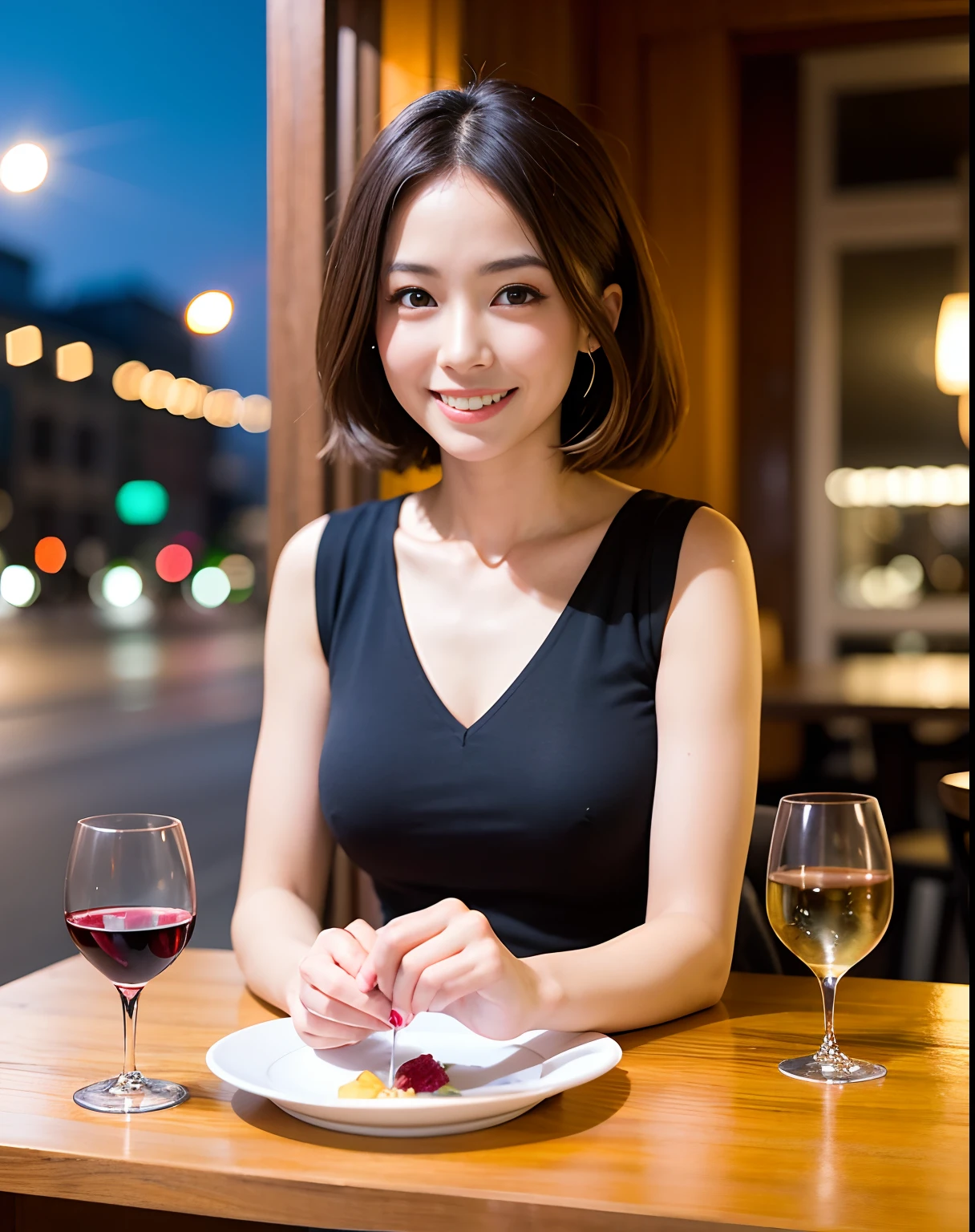 (64K, UHD, top quality, masterpiece: 1.2), (realistic, photorealistic: 1.37), super detailed, pretty woman 1 person, (slim face), (slim body), (brown hair), (short cut), cheeks slightly blushing, (44 years old), 38 years old, solo, beautiful detailed urban night view outside the window, restaurant, wine glasses sit, at night, in a prominent placeNovaFrogStyle, Actress, Model, Waist Up, White Wine, Slim, Wine Glass, Super Clean Night View, Wine Glass Put in the Middle, Happy Smile, (Smile: 1.15), Beautiful Fine Eyes, Upper Body, Bust Japan Up, Night, Short, Short, Actress, Model, Waist Up, White Wine, Slim, Wine Glass, Super Clean Night View, Wine Glass Put in the Middle, Happy Smile,