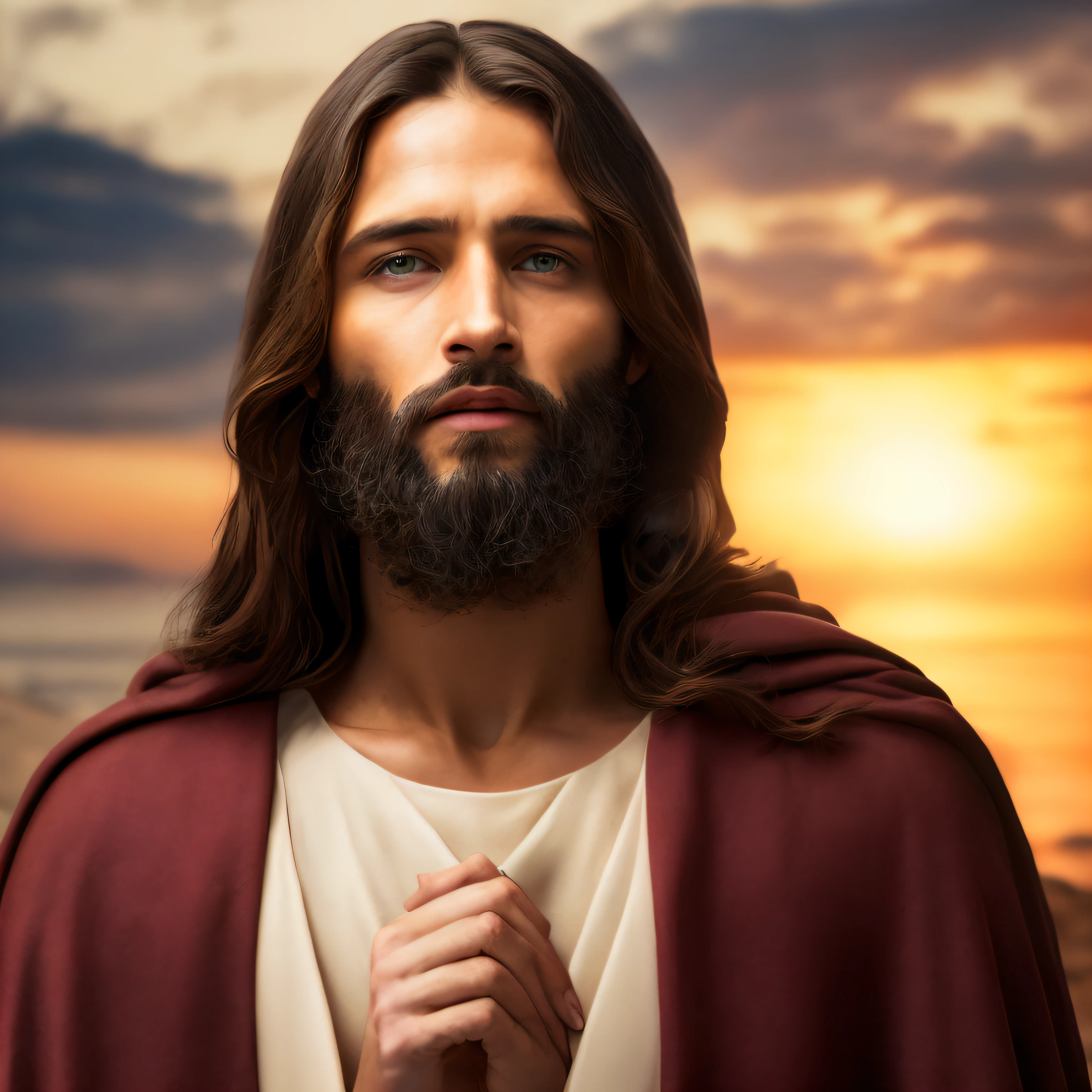 Jesus christ telling a history for your people, portrait, image centralized, look to the camera, image a little far away, perectly towards the viewer, look ahead, perfect image,environment illuminated by thesun light,modern, 8k, hd hight details, real face , look to the camera, in front a camera, front photo, looking at the camera, center image, frame ahead, centralized image, positioned the image in the center, all body in the image, all head in the image --auto