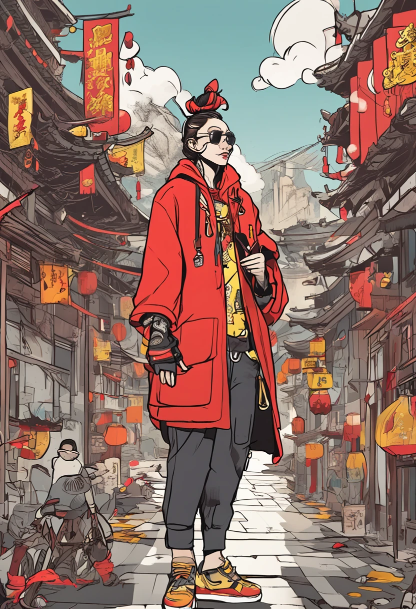 Monkey king , Characteristics of China's Journey to the West , Cartoon illustration of Rebecca graffiti , Wear a red and yellow coat , Glaring ahead , The style is garbage beauty , mixed patterns , Text and emoji devices , charming character illustration , Fashion Tech - AR 3:4 --niji 5 --s 400