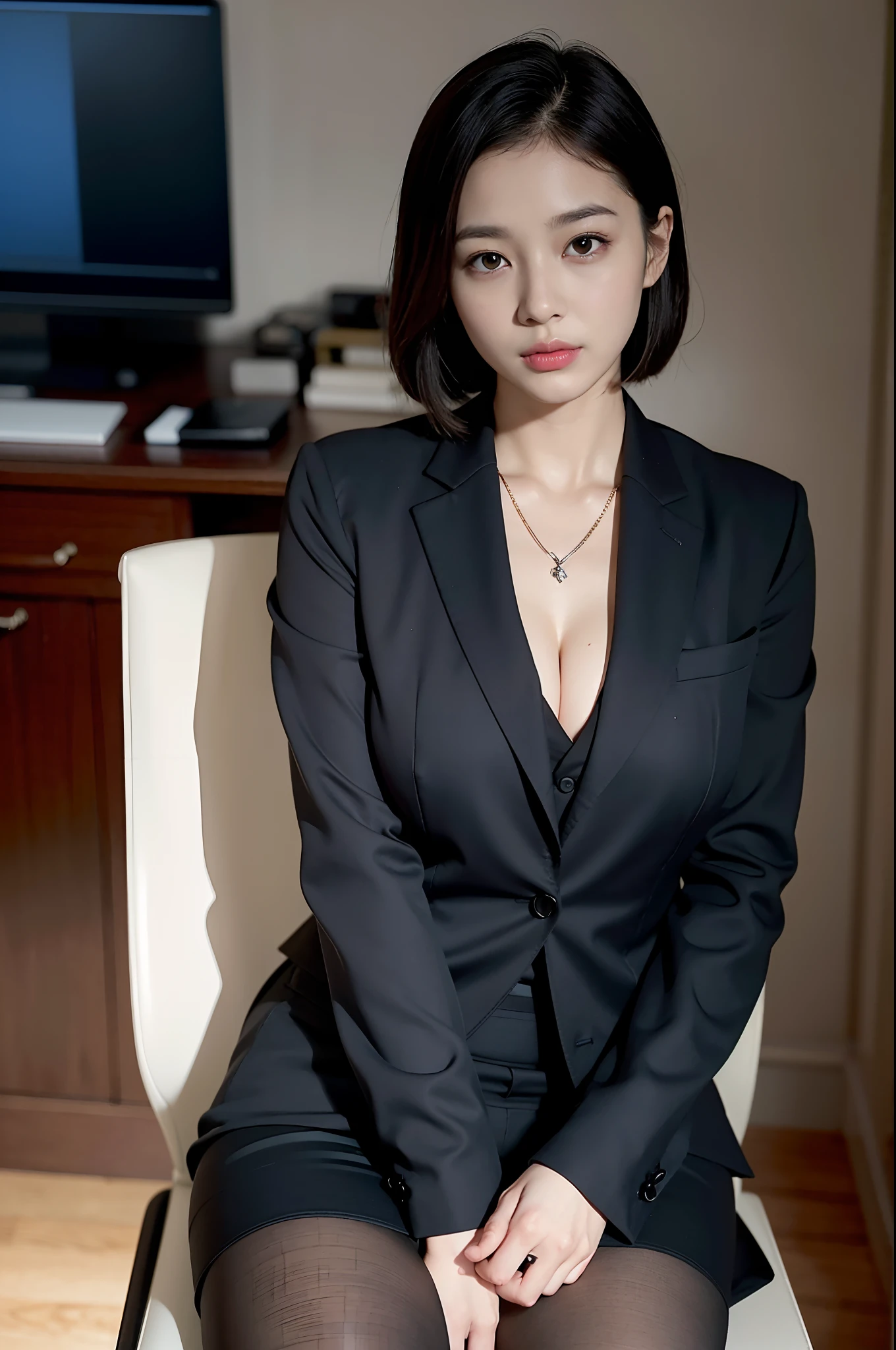 face is :9,1270442595], Elite and obedient woman sitting at desk tied up in business suit, (SFW) safe for work, oppai, Short Layer Hair, Wearing pantyhose、Shibari, 2b, 2 b, Wearing a strict business suit, tied with chair, sophisticated gravure idol, Rope Bondage, in a strict suit, raw,(in 8K、top-quality、​masterpiece:1.2)、(intricate detailes:1.4)、(Photorealsitic:1.4)、octane renderings、Complex 3D rendering ultra detail, Studio Soft Light, Rim Lights, vibrant detail, super detailing, realistic skin textures, Detail Face, Beautiful detail eyes, Very detailed CG Unity 16k wallpaper, make - up, (detailedbackground:1.2),shinny skin、Exposed thighs!!!