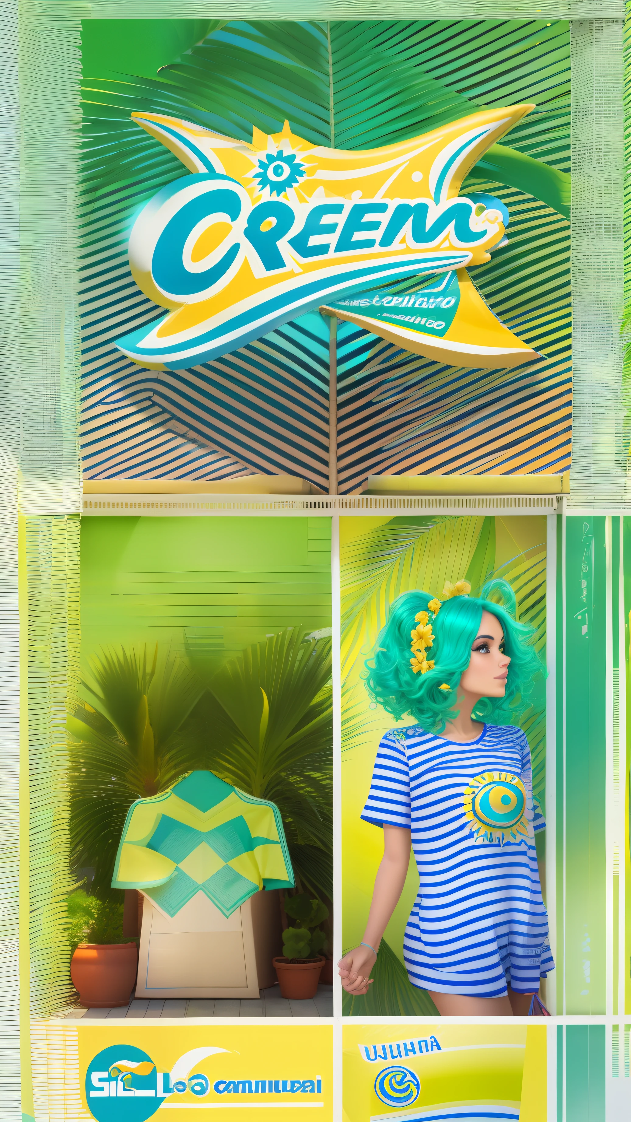 Crea un logotipo vibrante que combine el sol radiante, Cold waves, una silueta de palmera en una camiseta, Bright colors such as warm yellow, azul turquesa, Fresh Green will add energy to your summer look