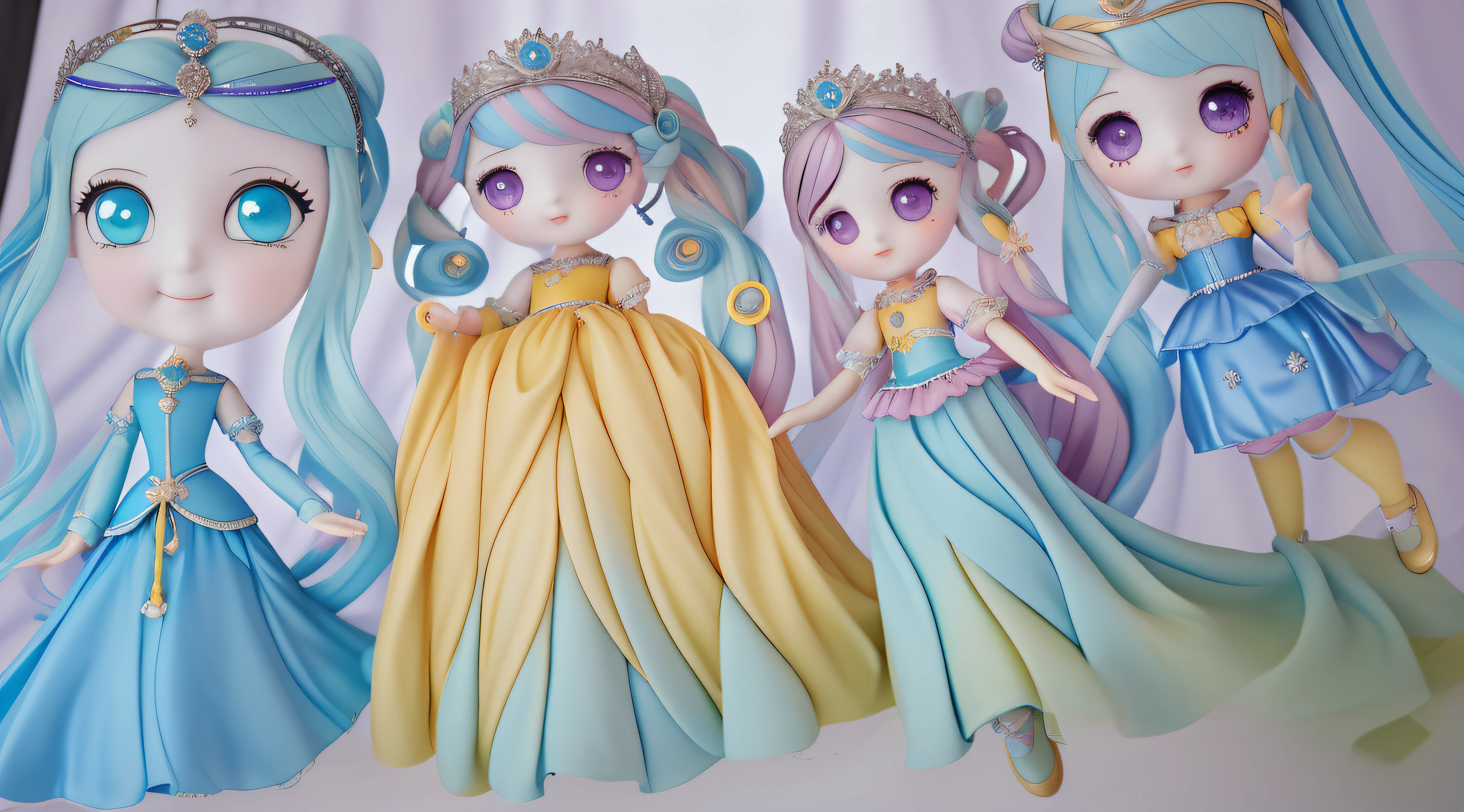 Four princesses，The first silver hair，Blue princess dress，Gradient pupils，The second place has long black hair，Yellow princess dress，Purple pupils，The third place has long pink hair，green long skirt，The fourth place has long blue hair，yellow-tops，Blue lower skirt，Refine the picture