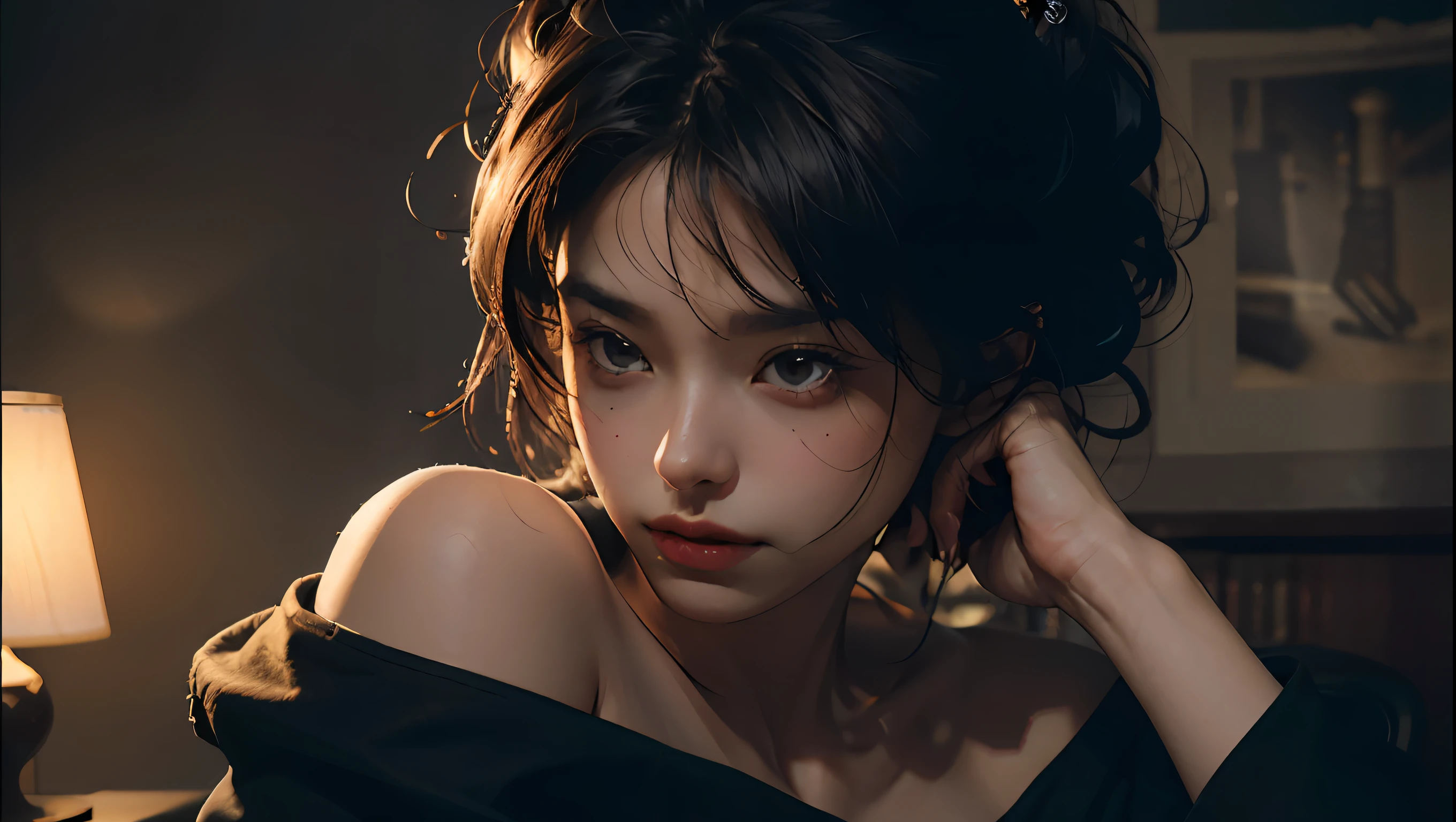 Best quality, masterpiece, ultra high res, (photorealistic:1.5), raw photo, 1girl, offshoulder, in the dark, deep shadow, low key, cold light, sexy look, short hair