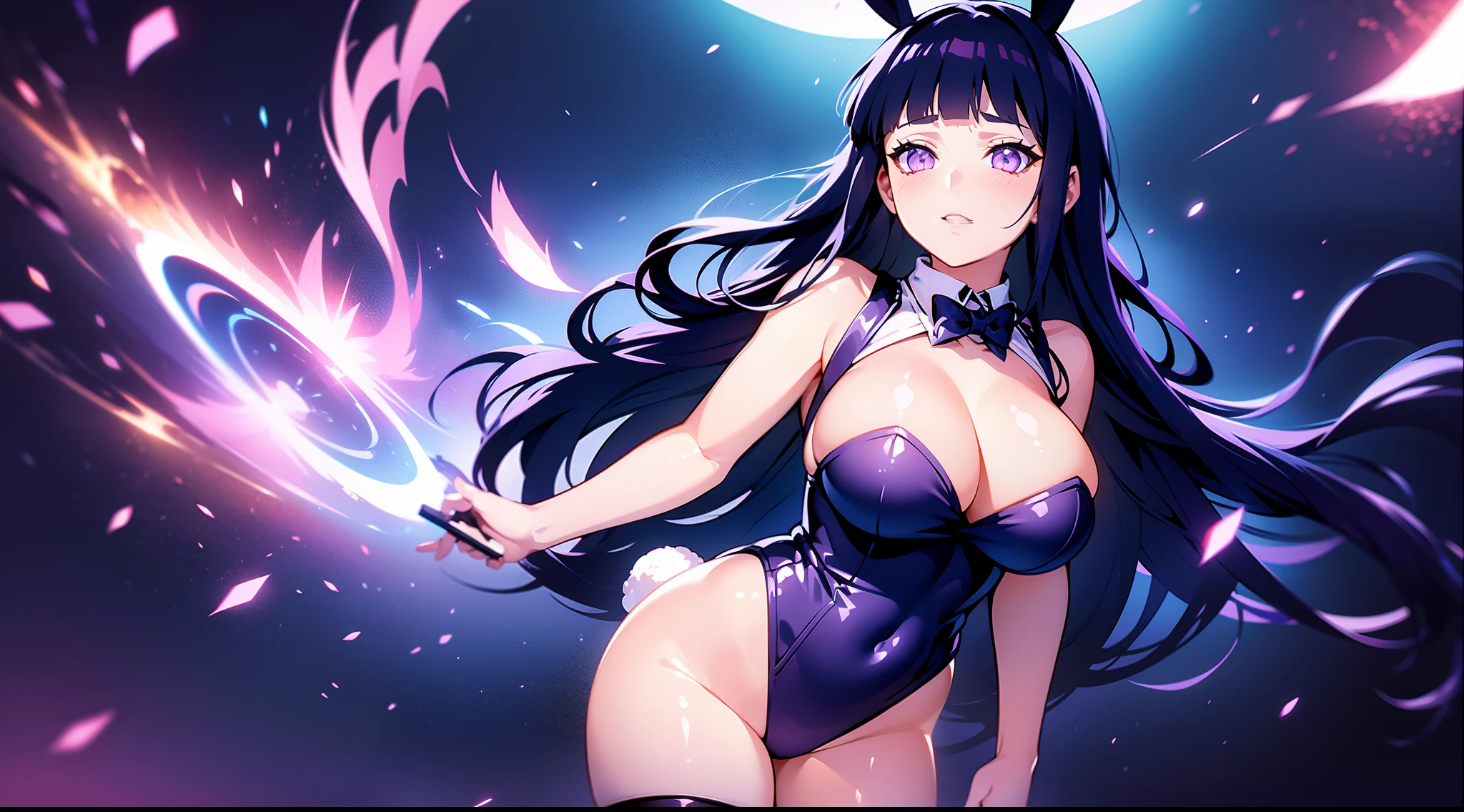 White hair,Hinata Hinata,Wearing a bunny girl costume,Bigboobs,Black stockings,are standing,Skysky,Light particles