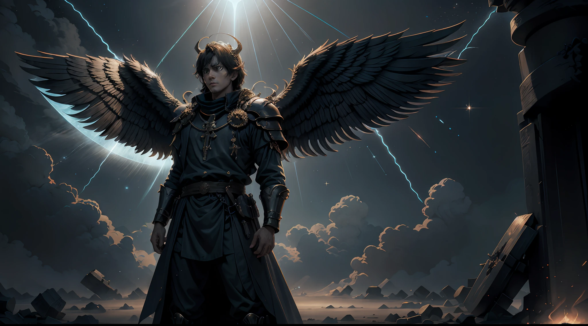 Create an image that depicts the scene in the book of Revelation in which God casts Satan out of the third heaven. Draw a majestic representation of God, rodeado por anjos celestiais, emanando luz e poder divinos. Satan, in the form of a fallen male angel, She should be portrayed in dark robes and an expression of defeat and despair, sendo expulso do reino celestial por Deus. --auto