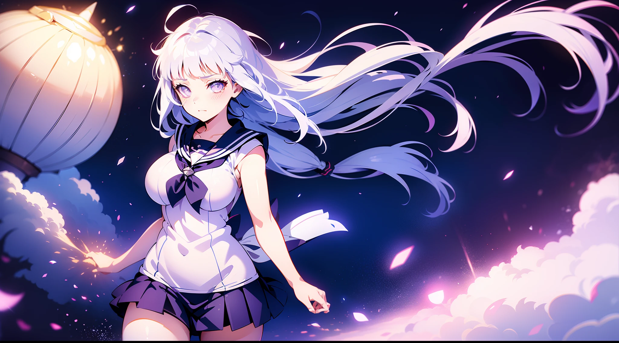 White hair，Hinata Hinata，In sailor suit，Bigboobs，Black stockings，are standing，Skysky，Light particles