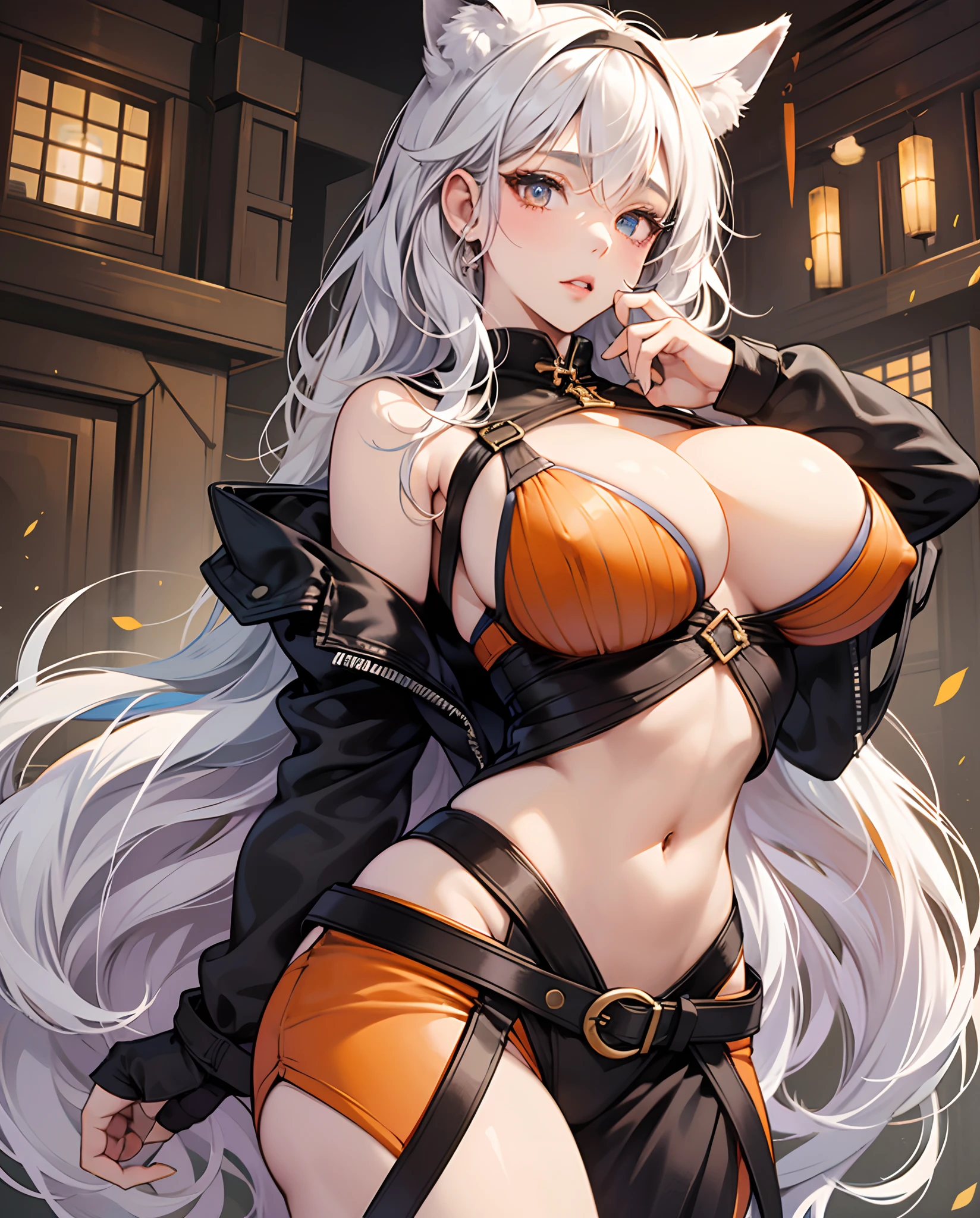 1girll, NSFW, tmasterpiece, Best quality at best, Slim girl with hourglass body and huge breasts, 独奏, prette, adolable, Shy girl, The girl reveals attractive breasts, boobgasm, ((long whitr hair, White color hair)), Orange eyes, Detailed eyes, beautidful eyes, finely-detailed eyes, ((Hourglass body, Voluptious body)), Correct anatomy, Correct limbs, ((gigantic cleavage breasts, big cleavage breasts)),juicy lips,Fox ears,jaket,exposed bare shoulders,Clear eyes,black hair band,Orange belt,Broken stockings --auto --s2