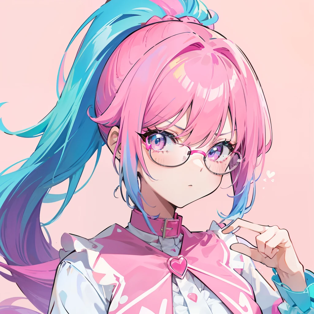 Neon-like vivid pink gradient to vivid blue hair,Tied with a high ponytail,With round thick-rimmed glasses,Pink collar,red colour,in pink,Yellow matching milky dress,A cute girl who looks like a fierce milk