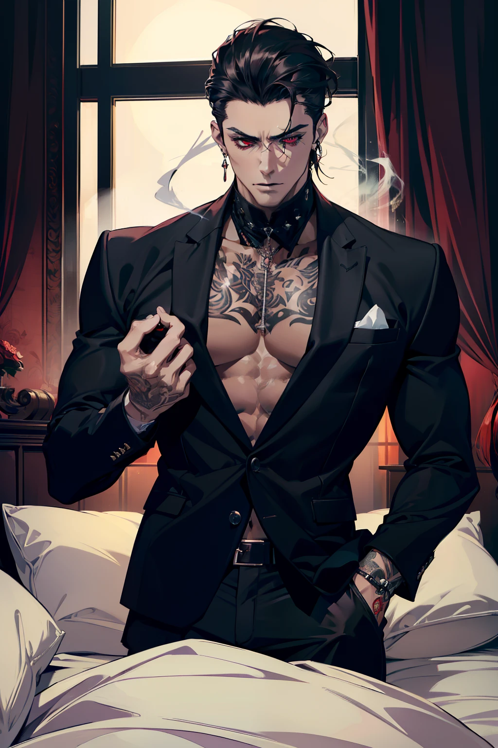 (absurdres, highres, ultra detailed) Mafia Noir on bed Vampire dominant alpha gay couple macho sexy handsome demon old men with tattoos big chest big abs slicked back hairstyle smoking red eyes charisma goth perfect face structure detailed stylized ((handsome male couple))
