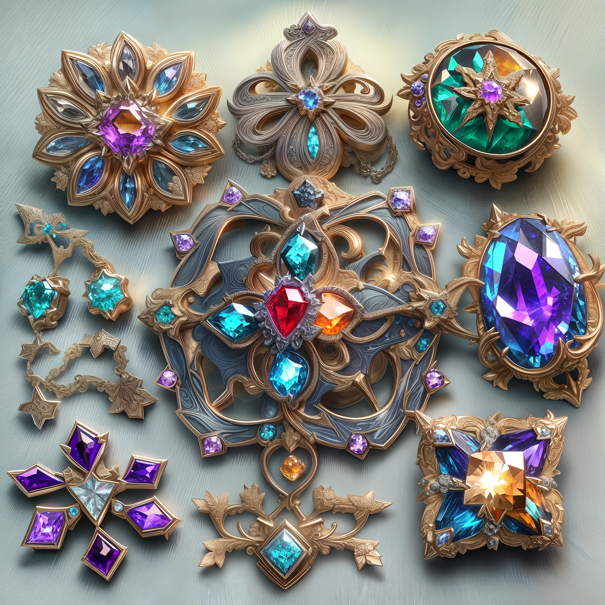 (Iron Cross style: 1.2), (Full Focus: 2), (Everything in Display Cabinet: 1.3), (Magic Items | Colorful Gems | Cherry Blossoms | Printed Silk Products | Medals | Ores | Obsidian | Pearl | Emerald | White Jade | Amethyst | Sapphire | Gold Products | Silver Products | Purple Gold | Magical Jewelry | Antiques | Ruby | Orange Gem | Blue Gem | Topaz |: 2), Magic Symbols, Magic Particle Effects, High Tech Luxury, High Value Jewelry, High Value Metal, Luxury items, no puzzles, detailed and complex backgrounds, sparkling, reflective light, ultra high definition, award-winning, a high-resolution, high detail texture, contrast between light and dark, cinematic lighting, masterpieces, ray tracing, structurally correct, super details, high-quality, high detail, best quality, 16k