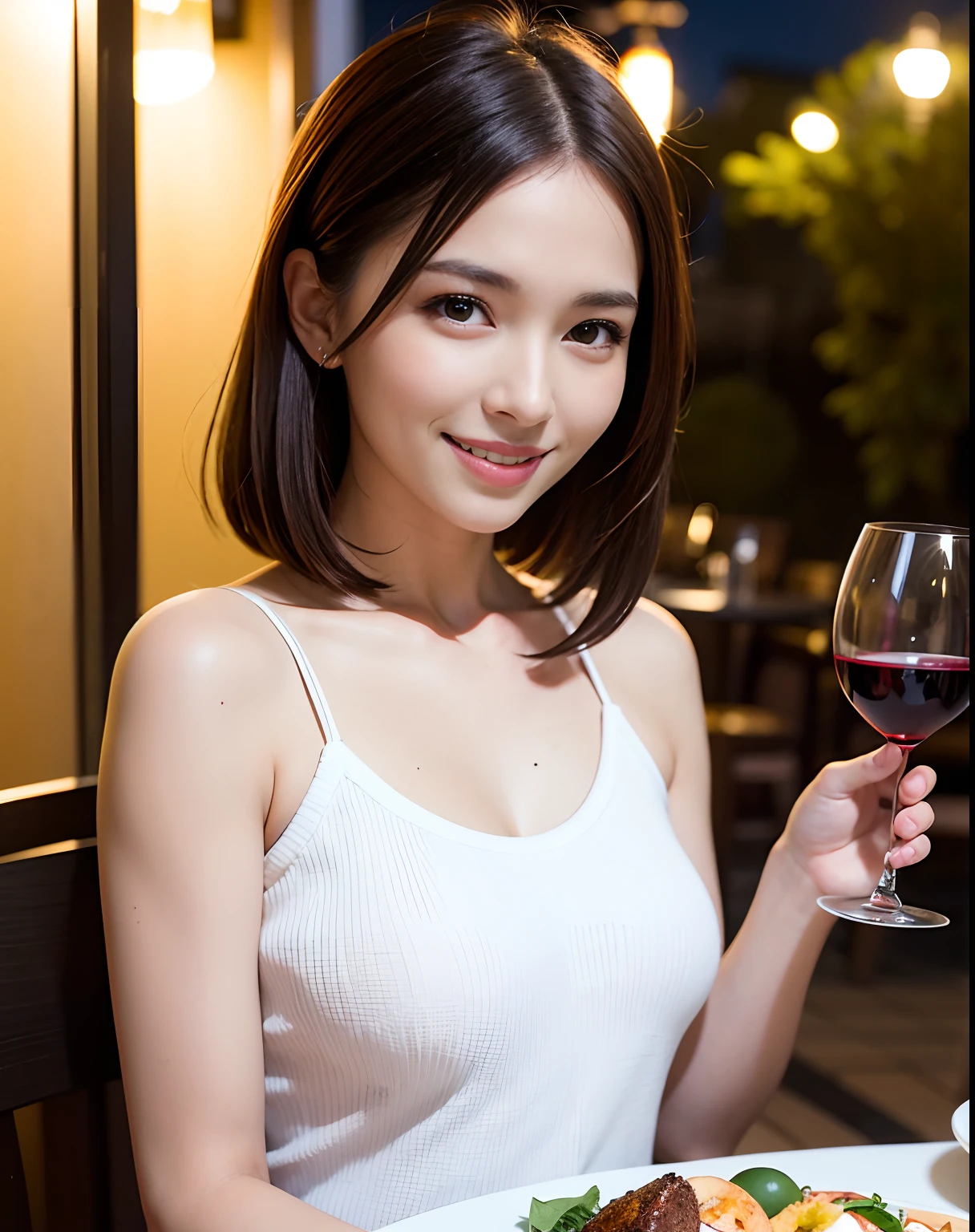 (64K, UHD, top quality, masterpiece: 1.2), (realistic, photorealistic: 1.37), super detailed, pretty woman 1 person, (slim face), (slim body), (brown hair), (short cut), cheeks slightly blushing, (44 years old), 38 years old, solo, beautiful detailed urban night view outside the window, restaurant, wine glasses sit, at night, in a prominent placeNovaFrogStyle, Actress, Model, Waist Up, White Wine, Slim, Wine Glass, Super Clean Night View, Wine Glass Put in the Middle, Happy Smile, (Smile: 1.15), Beautiful Fine Eyes, Upper Body, Bust Japan Up, Night, Short, Short, Actress, Model, Waist Up, White Wine, Slim, Wine Glass, Super Clean Night View, Wine Glass Put in the Middle, Happy Smile,