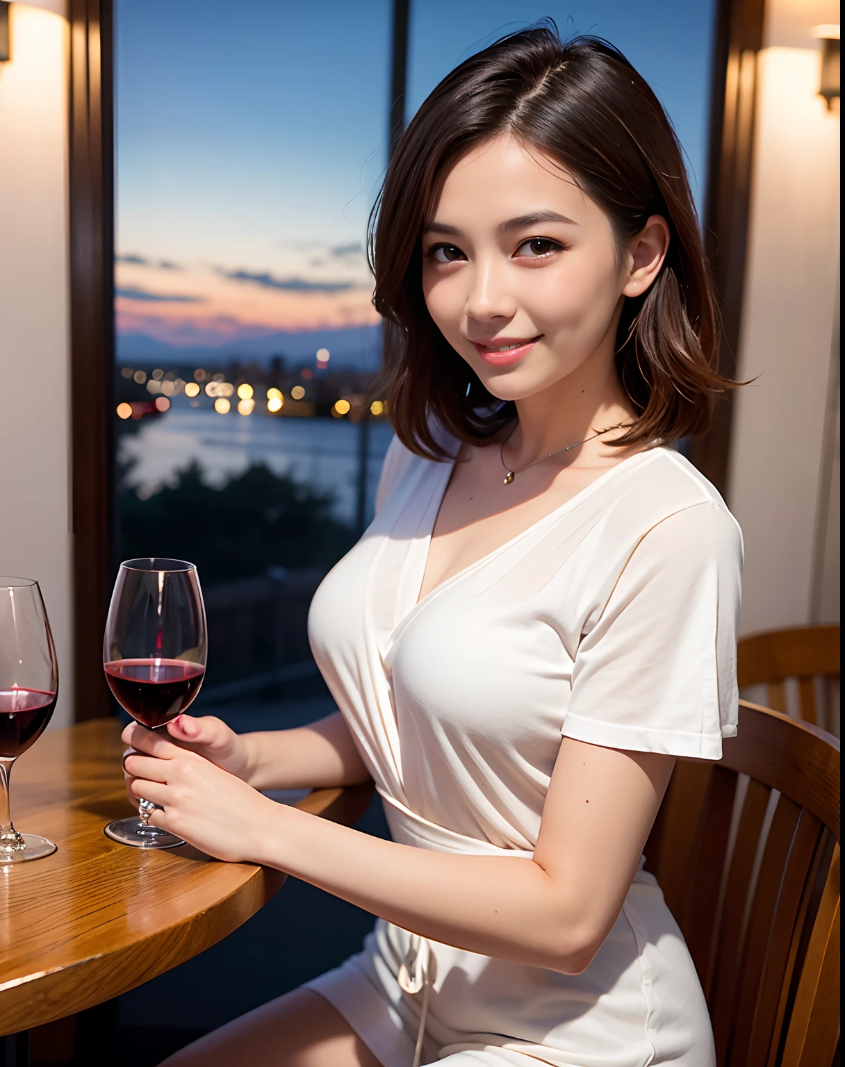 (64K, UHD, top quality, masterpiece: 1.2), (realistic, photorealistic: 1.37), super detailed, pretty woman 1 person, (slim face), (slim body), (brown hair), (short cut), cheeks slightly blushing, (44 years old), 38 years old, solo, beautiful detailed urban night view outside the window, restaurant, wine glasses sit, at night, in a prominent placeNovaFrogStyle, Actress, Model, Waist Up, White Wine, Slim, Wine Glass, Super Clean Night View, Wine Glass Put in the Middle, Happy Smile, (Smile: 1.15), Beautiful Fine Eyes, Upper Body, Bust Japan Up, Night, Short, Short, Actress, Model, Waist Up, White Wine, Slim, Wine Glass, Super Clean Night View, Wine Glass Put in the Middle, Happy Smile,