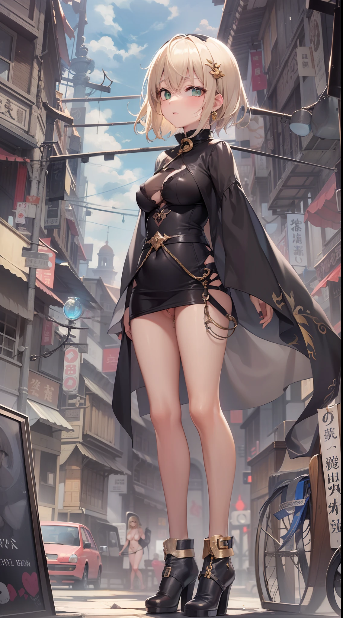 top-quality、high-level image quality、Super delicate、The whole picture、Beautiful girl with fair skin like a doll、dull blonde hair、Straight short hair to the neck、Hollow green eyes、long lashes、Big eyes、Dark look、Straight face、Moderately large breasts、Girl naked、Golden nipple piercings、Nipple Chain、obscene lewd crest imitating the uterus of the lower abdomen,、High exposure、痴女、Handcuffs and collars、ruined and devastated city