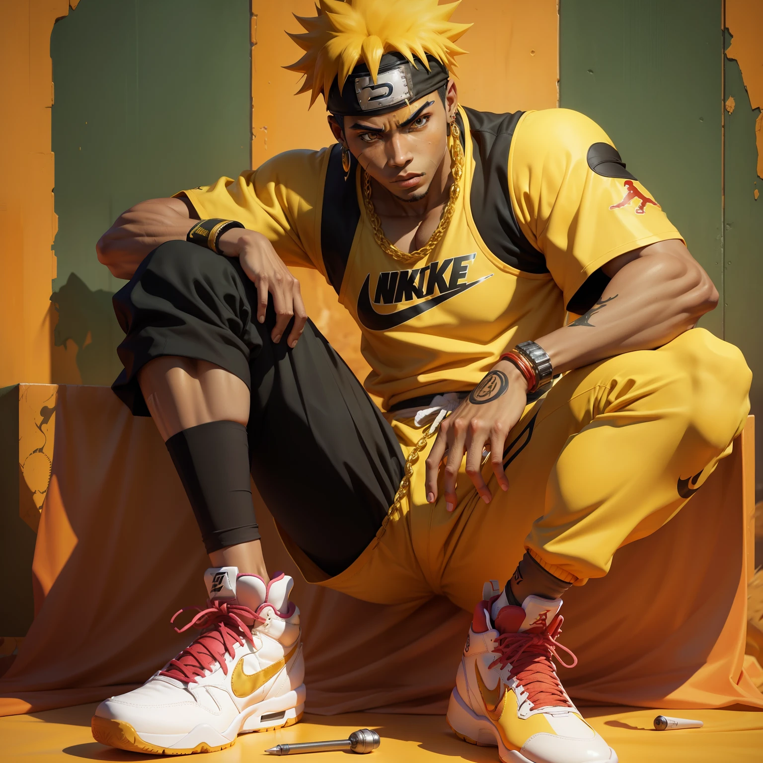 Naruto wearing a Nike jordan on his foot, gold threads on the neck , uma camisa de rapper preta com desenho da kurama