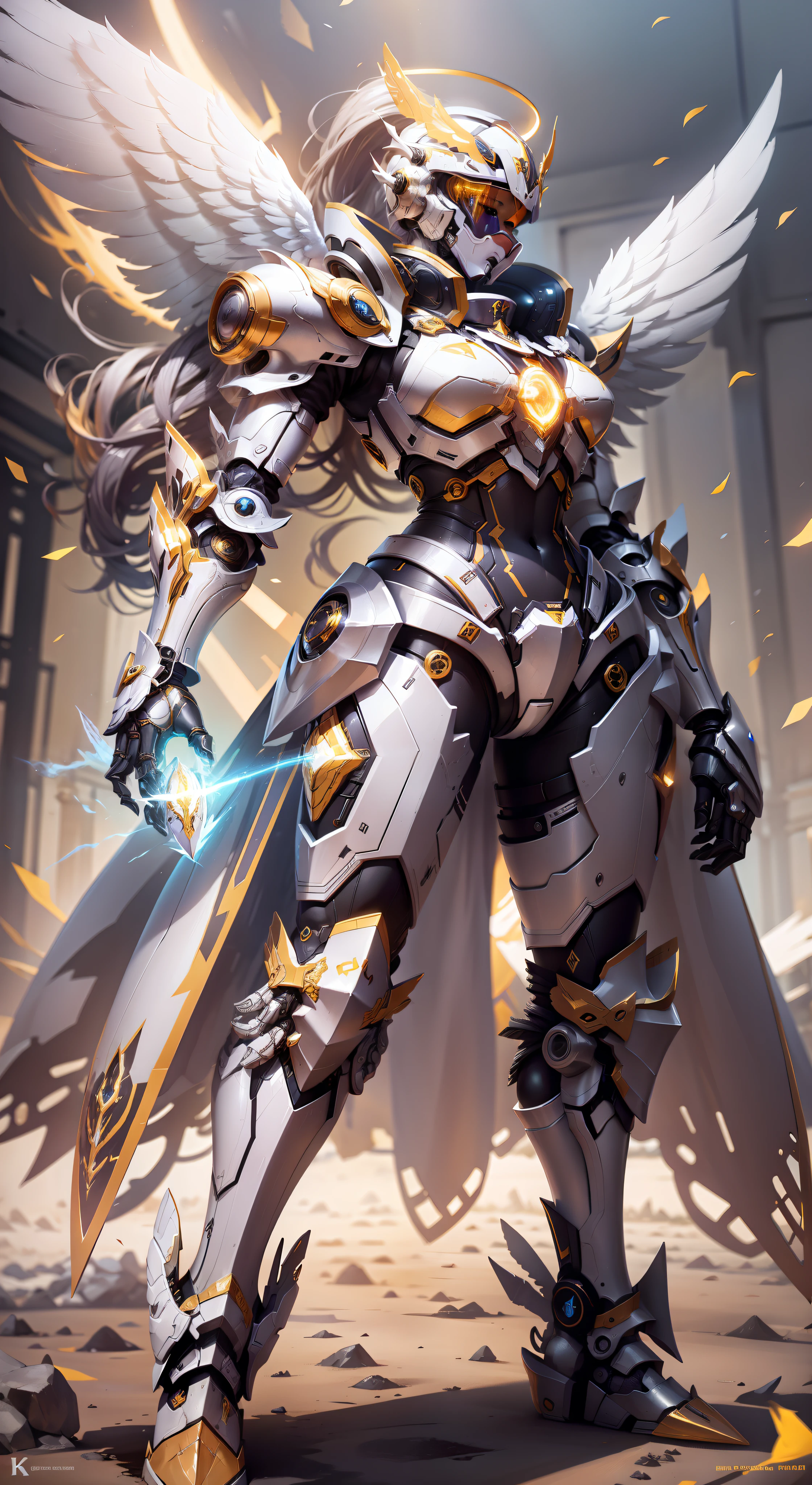 Platinum Mech Robot,Wings made of energy,metal halo,golden colored,Full body frontal pose,holy rays,k hd,Cinematic lighting,hyper HD,female robot,Full body mecha,helmet on,Faceless,Helmet cover
