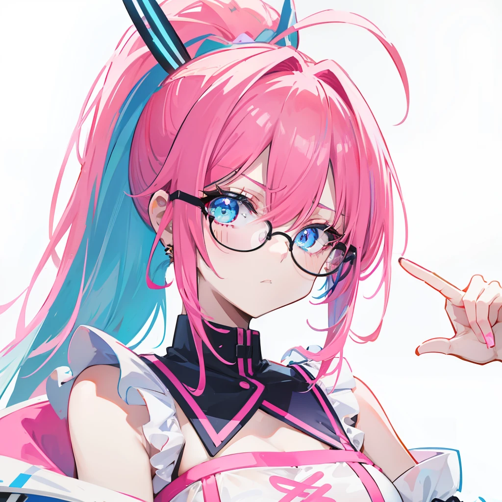 Neon-like vivid blue gradient to vivid pink hair,Tied with a high ponytail,With round thick-rimmed glasses,Pink collar,red colour,In pink,Yellow with cream dress,A cute girl who looks like fierce