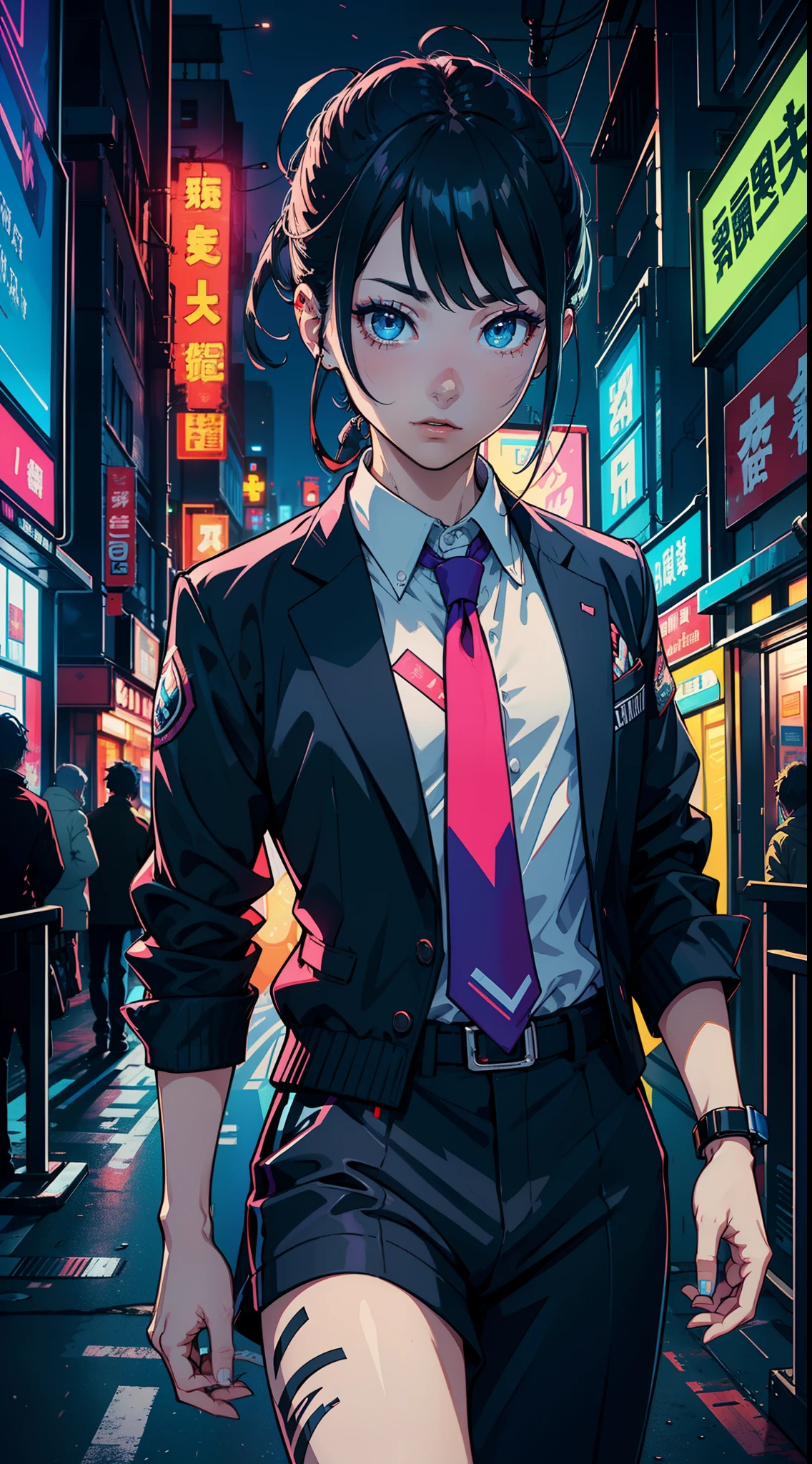 8k、high-level image quality、One man、systems engineer、overtime、Energy Drinks、Energy drinks、Neon Street、TOKYOcty、s Office、personal computers、keyboard、Cable cyberpunk、Vivid Color、Shadows are vivid colors、Clear expression、Clear eyes and nose、salaryman、officeworker、near future、Surrounded by liquid crystals、toil、neck tie、jaket、Clear contour lines、8K、Clear facial parts、Face is clearly visible、Employee ID card hanging from the neck、Anime Touch、Comic style、digital、Electromechanical、Acrobatic regime、Movie poster style、Vivid Color、Pop design、businessman、Shadows are vivid colors、Energy Drink、Cans of energy drinks are scattered、Capsule-type drug is placed on the tongue、Capsule-shaped drugs are scattered、Psychedelic colors、Psychopaths、The halo is pointing、God、Deities々Right、Vivid color for the entire screen、Clown makeup