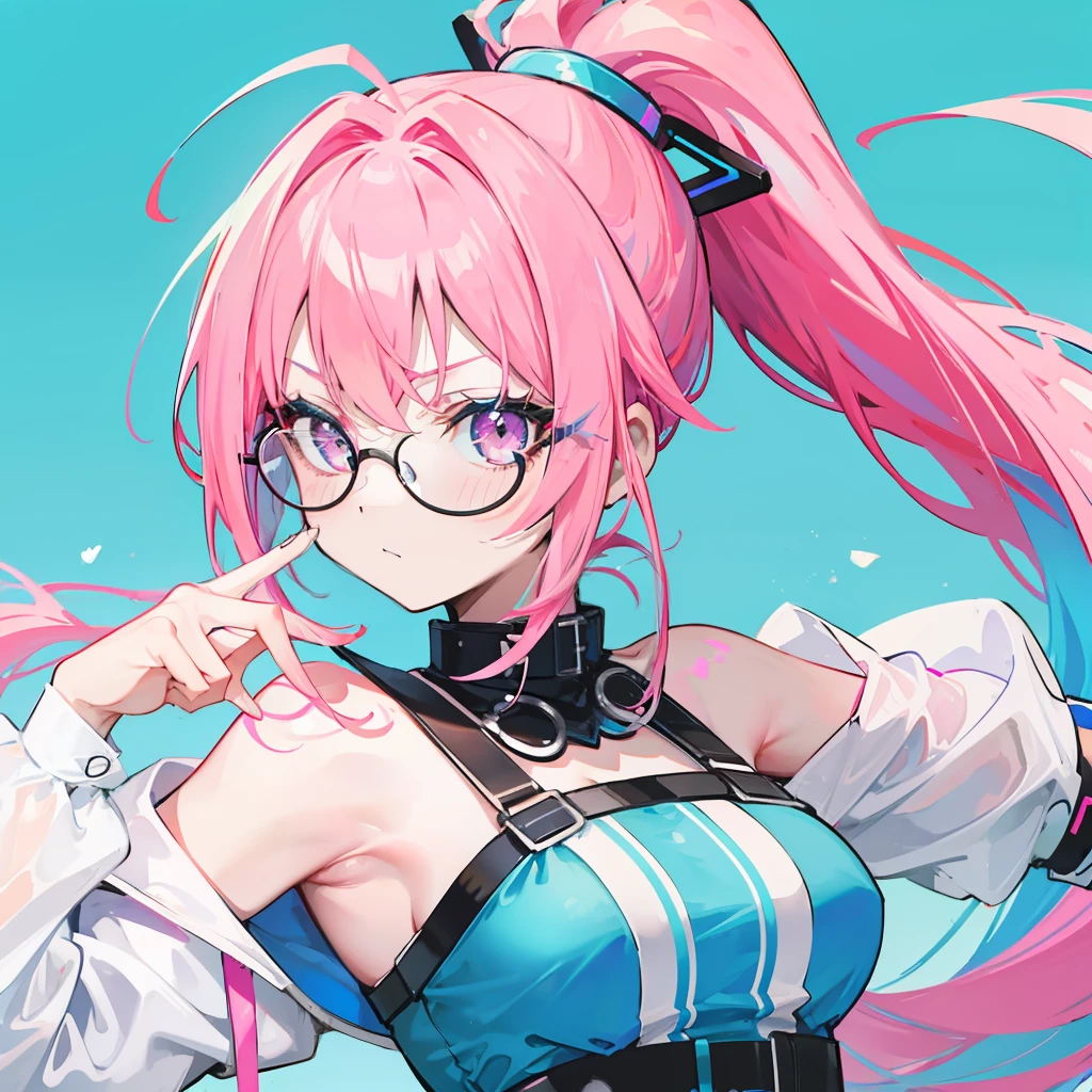 Neon-like vivid blue gradient to vivid pink hair,Tied with a high ponytail,With round thick-rimmed glasses,Pink collar,red colour,In pink,Yellow with cream dress,A cute girl who looks like fierce