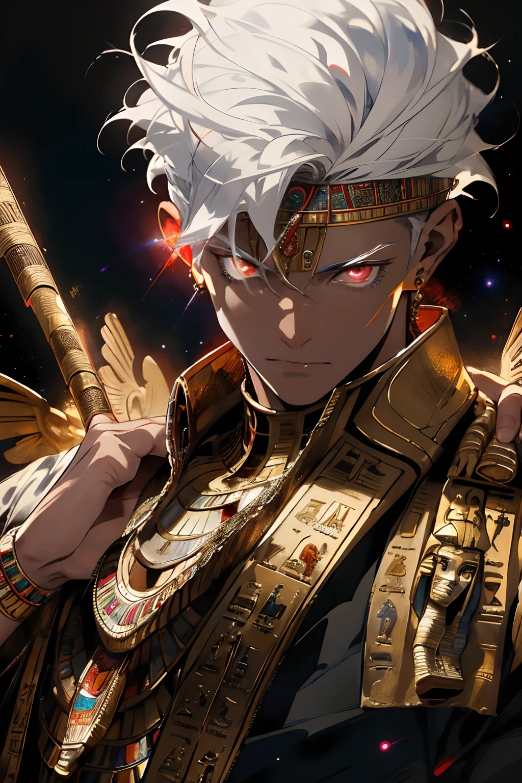 Realistic, (masterpiece, top quality, best quality, official art,), very detailed, most detailed, (1boy:1.3), gods, white hair, (glowing red eyes), mysterious, (magic), handsome men, ((Egyptian style)), headdresses, gold ornaments, bandages, pharaohs, cosmic background, galaxy background