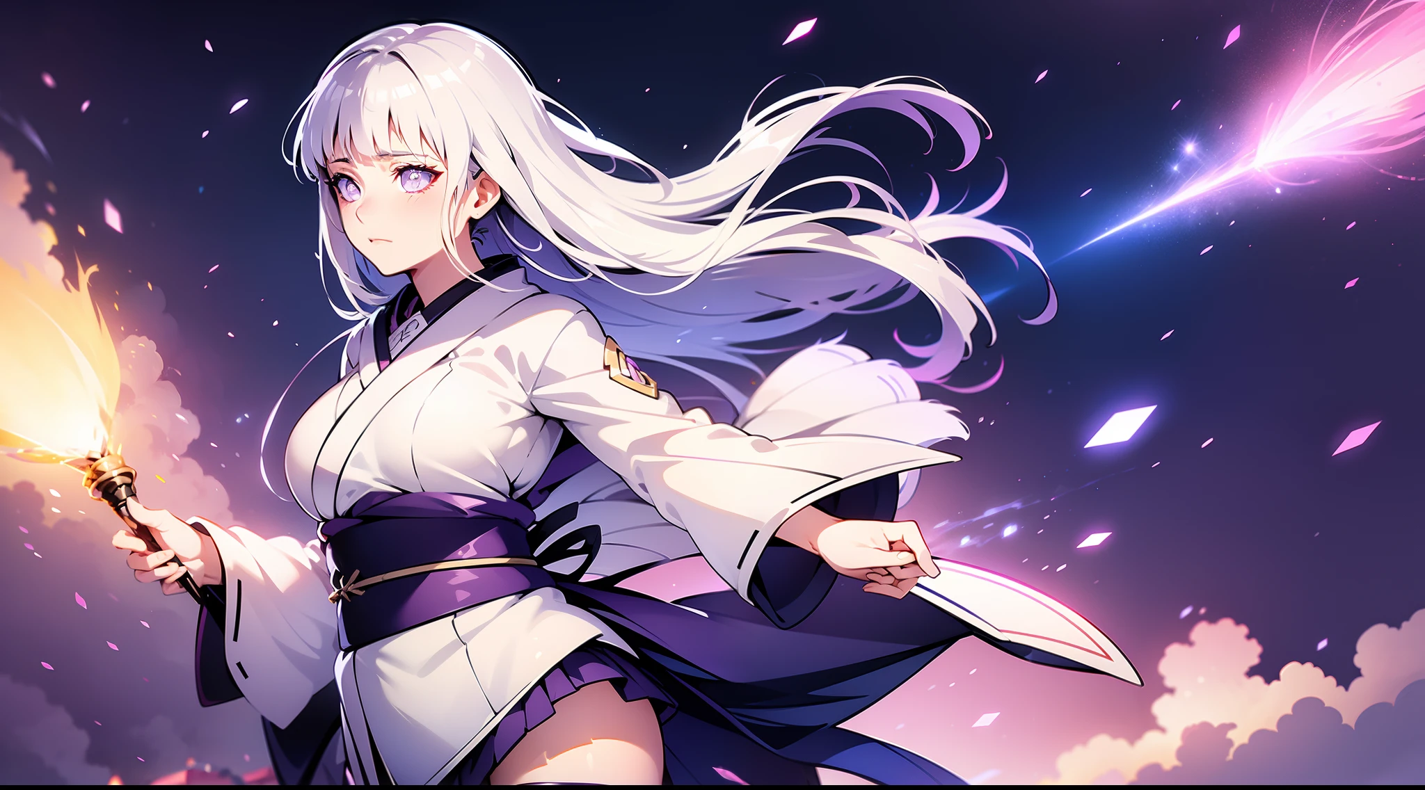 White hair，Hinata Hinata，Wearing kimono costumes，Bigboobs，Black stockings，are standing，Skysky，Light particles