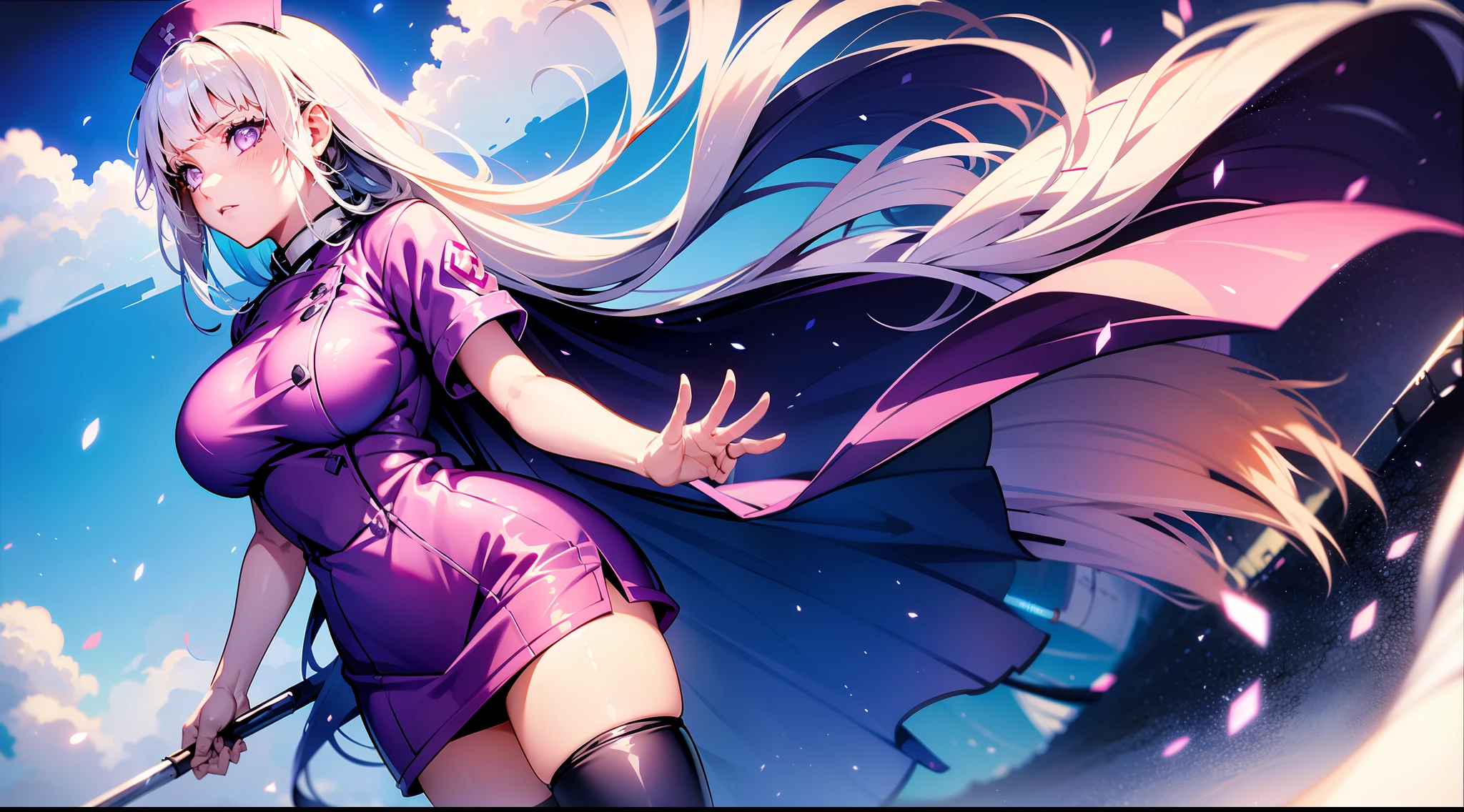 White hair，Hinata Hinata，Wear a nurse's uniform，Bigboobs，Black stockings，are standing，Skysky，Light particles