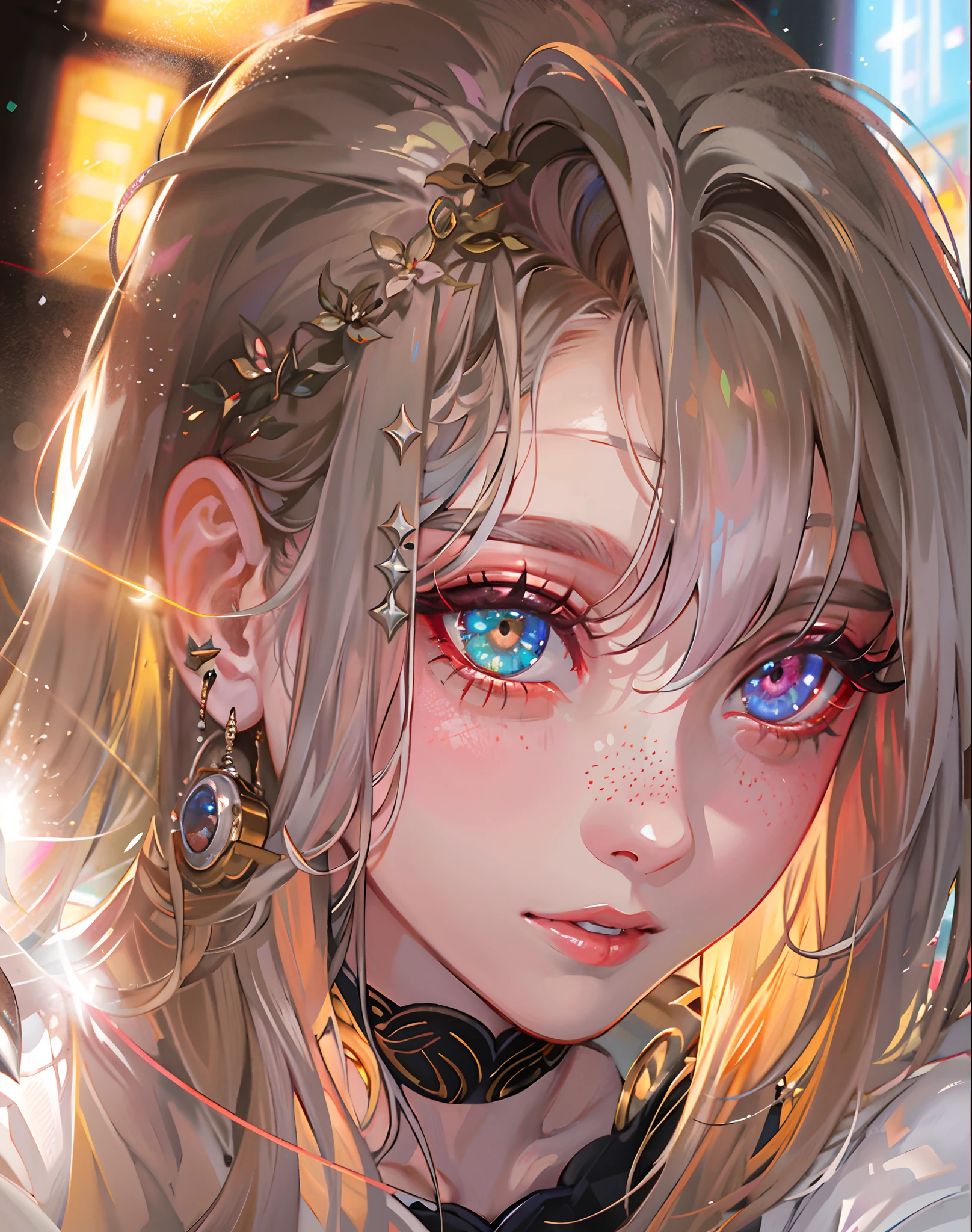 {{Masterpiece}}，Best quality at best，Very detailed CG unity 8K wallpaper，电影灯光，lens flare glow，beatiful detailed eyes，black in color，side looking，multicolour hair，Colorful light，particulate，Heterochromia，（a color：1.5），（The color hair:1.5),perfect bodies，Perfect face，fashionable attire，clothes see-through，There is light in the eyes，Colored shiny spots，Bright eyes，Smile sweetly，Blushlush