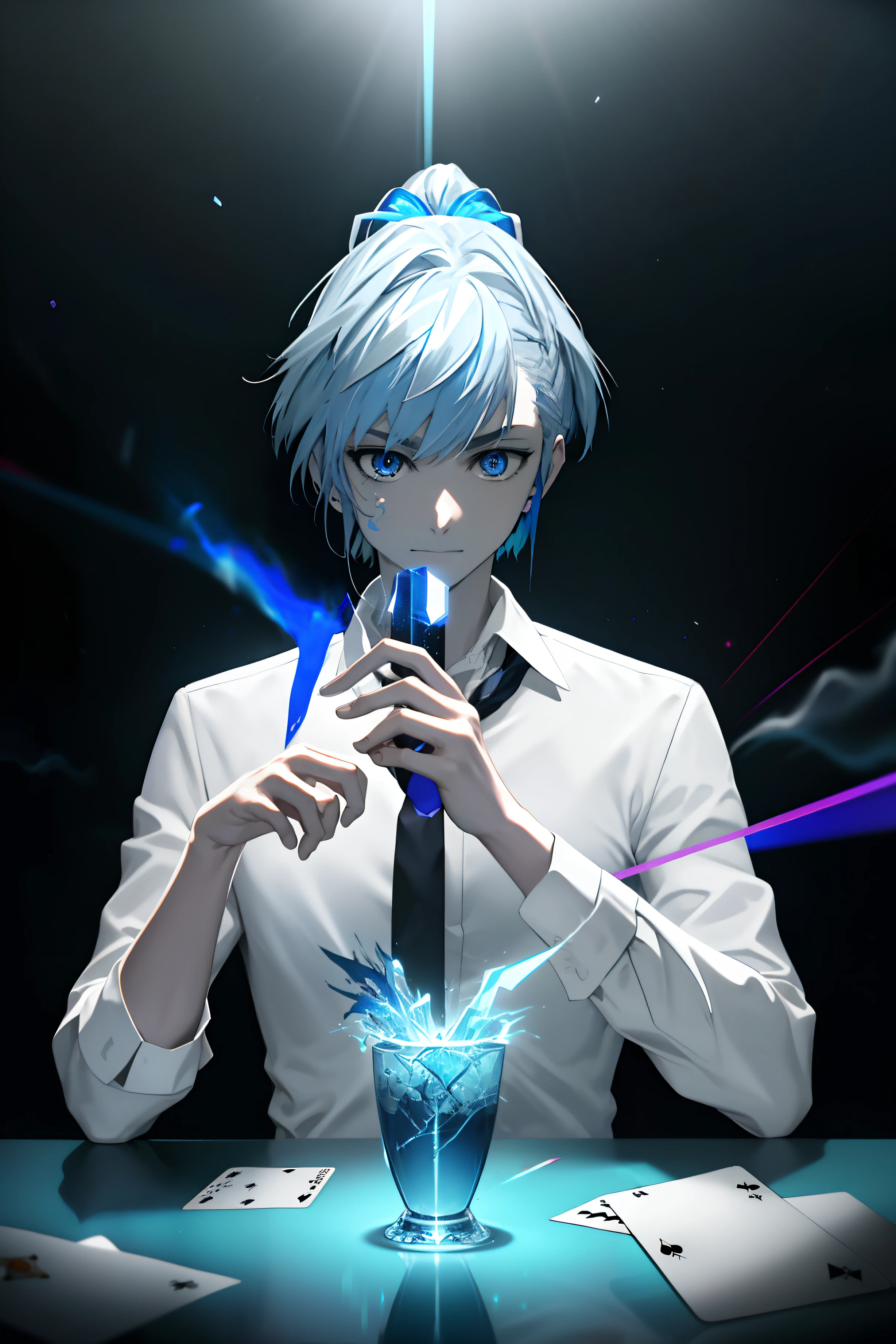 masterpiece, best quality, high quality, 1boy, solo, male focus, looking at cards, glowing neon joker cards on table, hand on face, holding neon cards, aguero_agnes_khun, blue hair, blue eyes, multicolored hair, ponytail, black vase suit , sleeves rolled up, loose tie, tattoos everywhere on body, smirk, blue and silver smoke, blue smoke, rays, flares, dust , futuristic fantasy world, blue glowing cubes in background ,surrounding him, Intricately Hyper Detailed