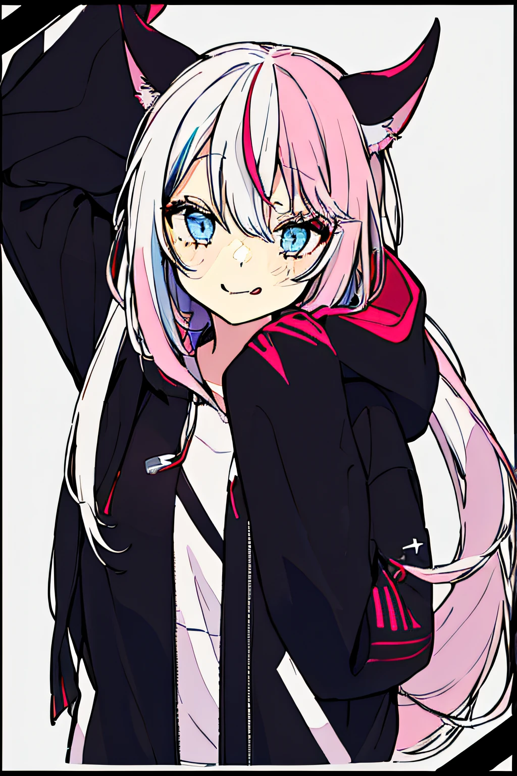 1girl, solo, hood, blue eyes, tongue, tongue out, long hair, long sleeves, bangs, hood up, black hoodie, arm up, upper body, multicolored hair, looking at viewer, white hair, hair between eyes, puffy long sleeves, hoodie, puffy sleeves, pink hair, drawstring, blush, closed mouth, :p, fake animal ears, virtual youtuber, sleeves past wrists, smile, horns, black jacket, jacket, two-tone hair