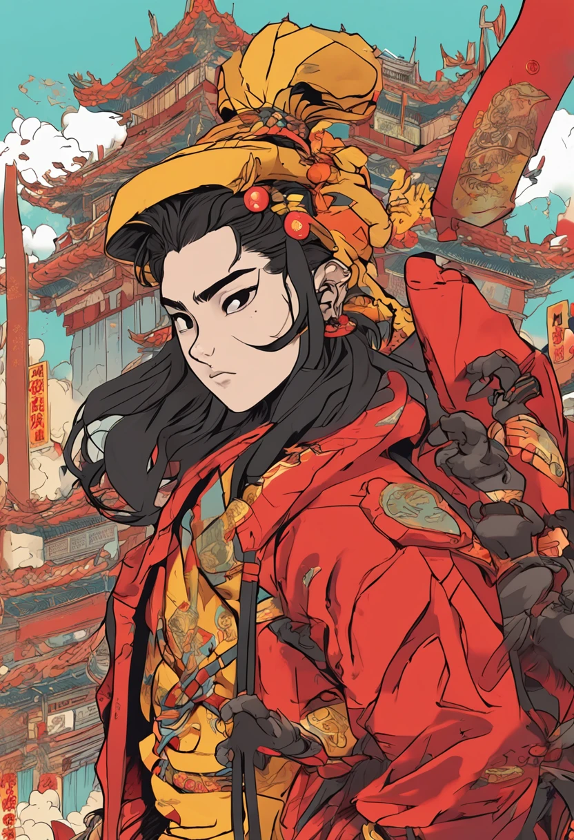 Monkey king,son goku,Close-up,Characteristics of China's Journey to the West , Cartoon illustration of Rebecca graffiti , Wear a red and yellow coat , Glaring ahead , The style is garbage beauty , mixed patterns , Text and emoji devices , Charming character illustrations , Fashion technology