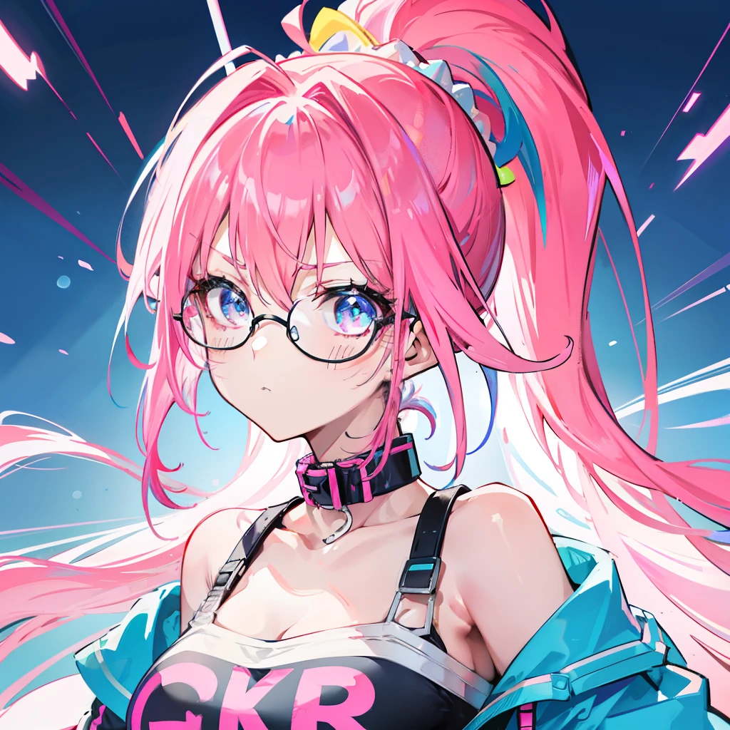 Neon-like vivid blue gradient to bright pink hair，Tied with a high ponytail，With round thick-rimmed glasses，Pink collar，red colour，In pink，Yellow with cream dress，A cute girl who looks fierce