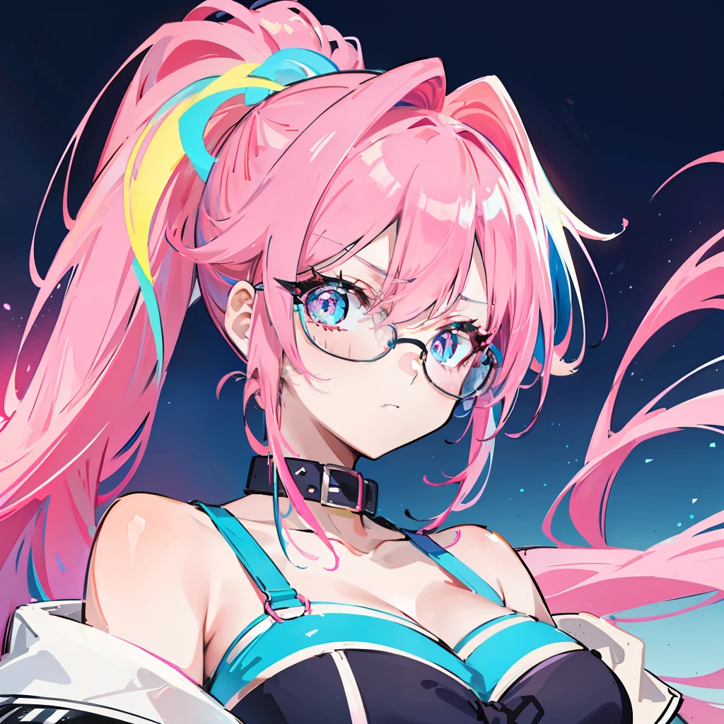 Neon-like vivid blue gradient to bright pink hair,Tied with a high ponytail,With round thick-rimmed glasses,Pink collar,red colour,In pink,Yellow with cream dress,A cute girl who looks fierce