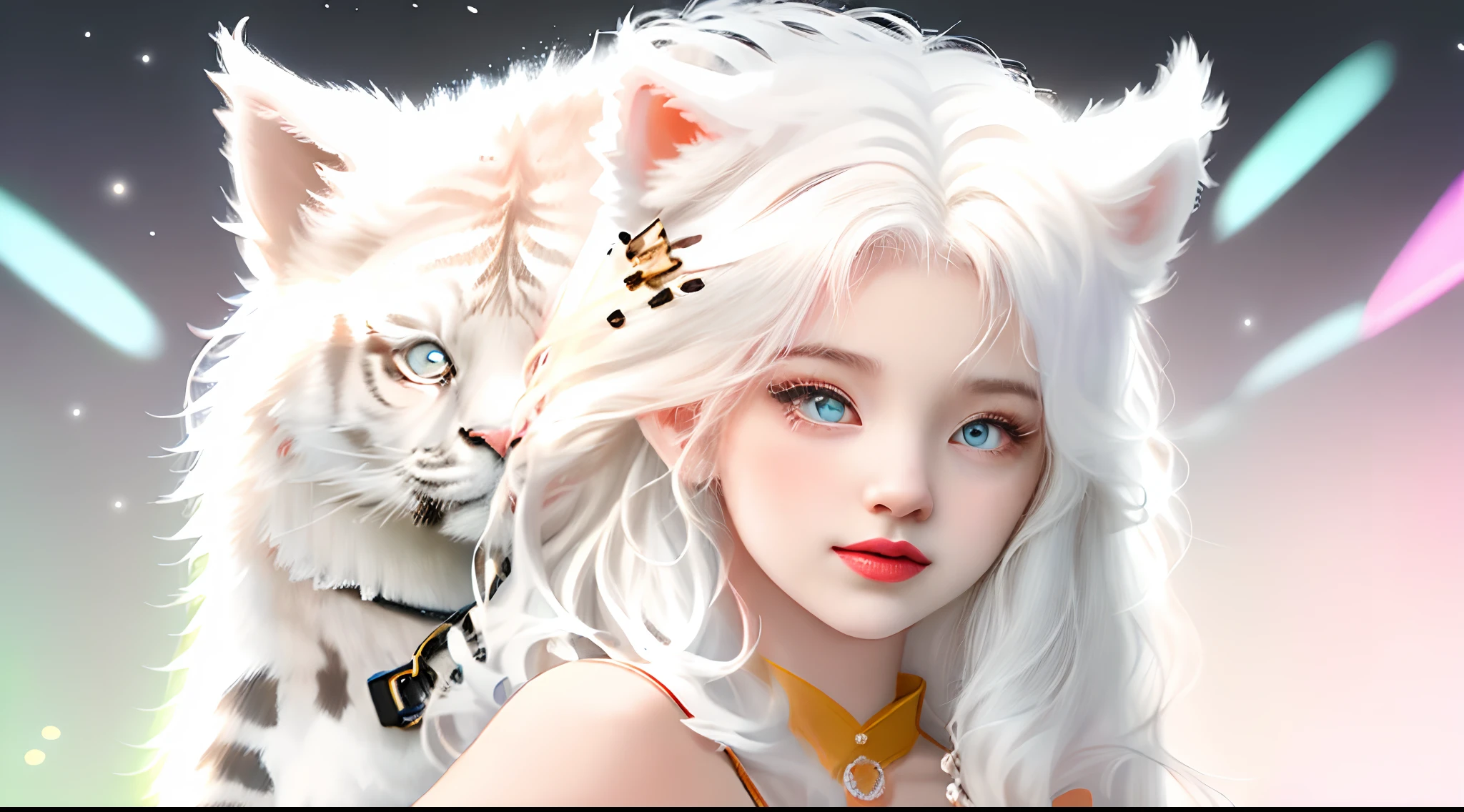 cute tiny  hyperrealistic white tiger with different color eyes waring a necklace, Chibi, adorable and fluffy, logo design, cartoon, cinematic lighting effect, charming, 3D vector art, cute and quirky, fantasy art, bokeh, hand-drawn, digital painting, soft lighting, isometric style, 4K resolution, photorealistic rendering, highly detailed clean, vector image, photorealistic masterpiece, professional photography, simple space backdrop, flat white background, isometric, vibrant vector