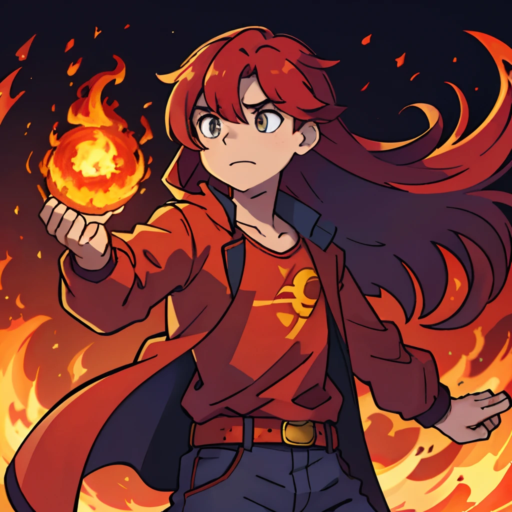 A boy,Red long-haired,The whole body is surrounded by flames,Holding a fireball in his hand,Supernatural energy,Psychic
