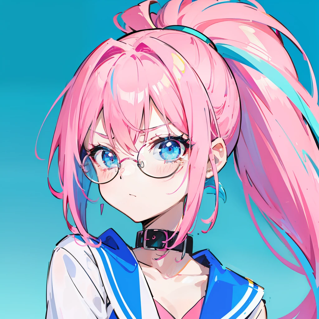 Neon-like vivid blue gradient to bright pink hair,Tied with a high ponytail,With round thick-rimmed glasses,Pink collar,red colour,In pink,Yellow with cream dress,A cute girl who looks fierce