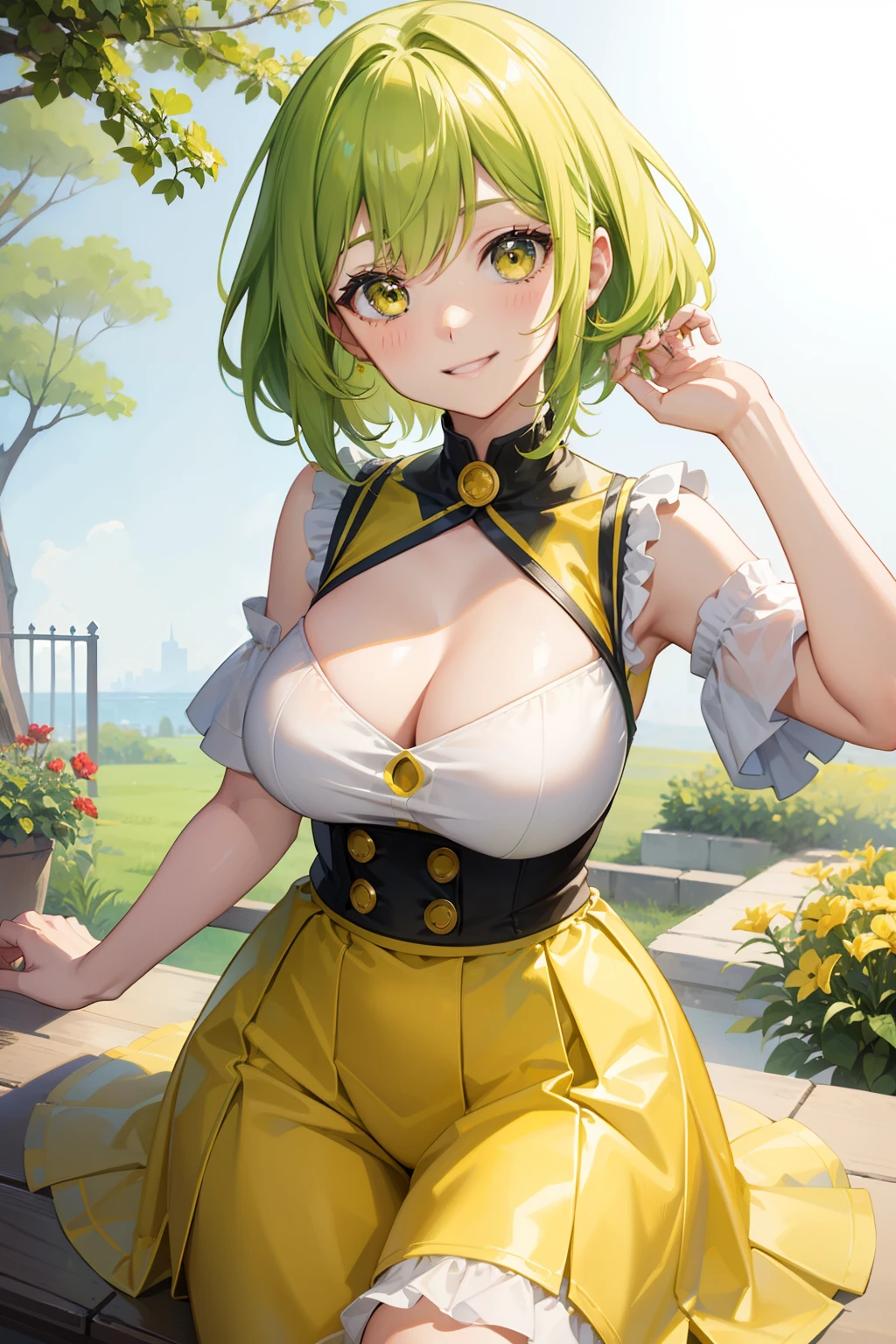 a beauty girl，Yellow-green and yellow mixed hair，bobhair，Gentle sauce eyes，large full breasts，Manga style，fulcolor，hi-school girl，Bright smile，Big smile、childlike smile、innocent smiles