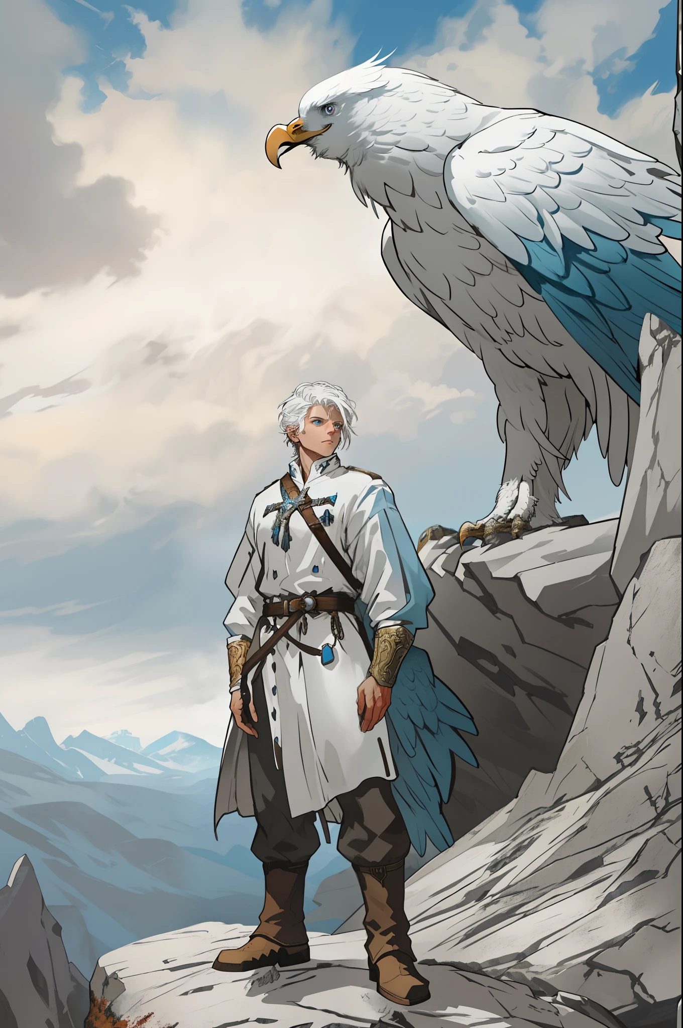 "cut-in, A young man with white hair and piercing blue eyes stands proudly beside a majestic white eagle atop a rugged rock, gazing towards the distant horizon in a bygone era."