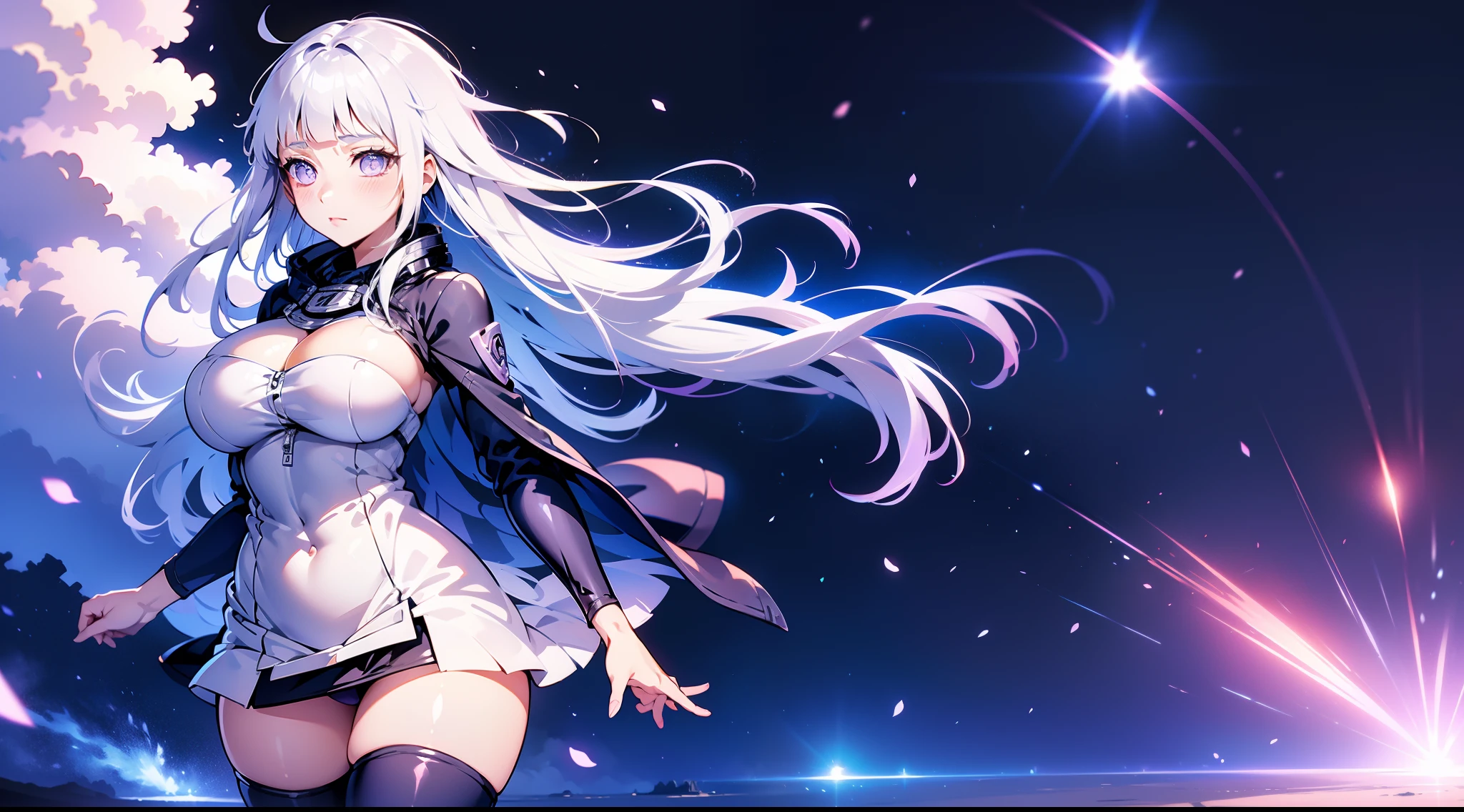 White hair,Hinata Hinata,Wear a tunic and breast augmentation suit,Bigboobs,Black stockings,are standing,Skysky,Light particles