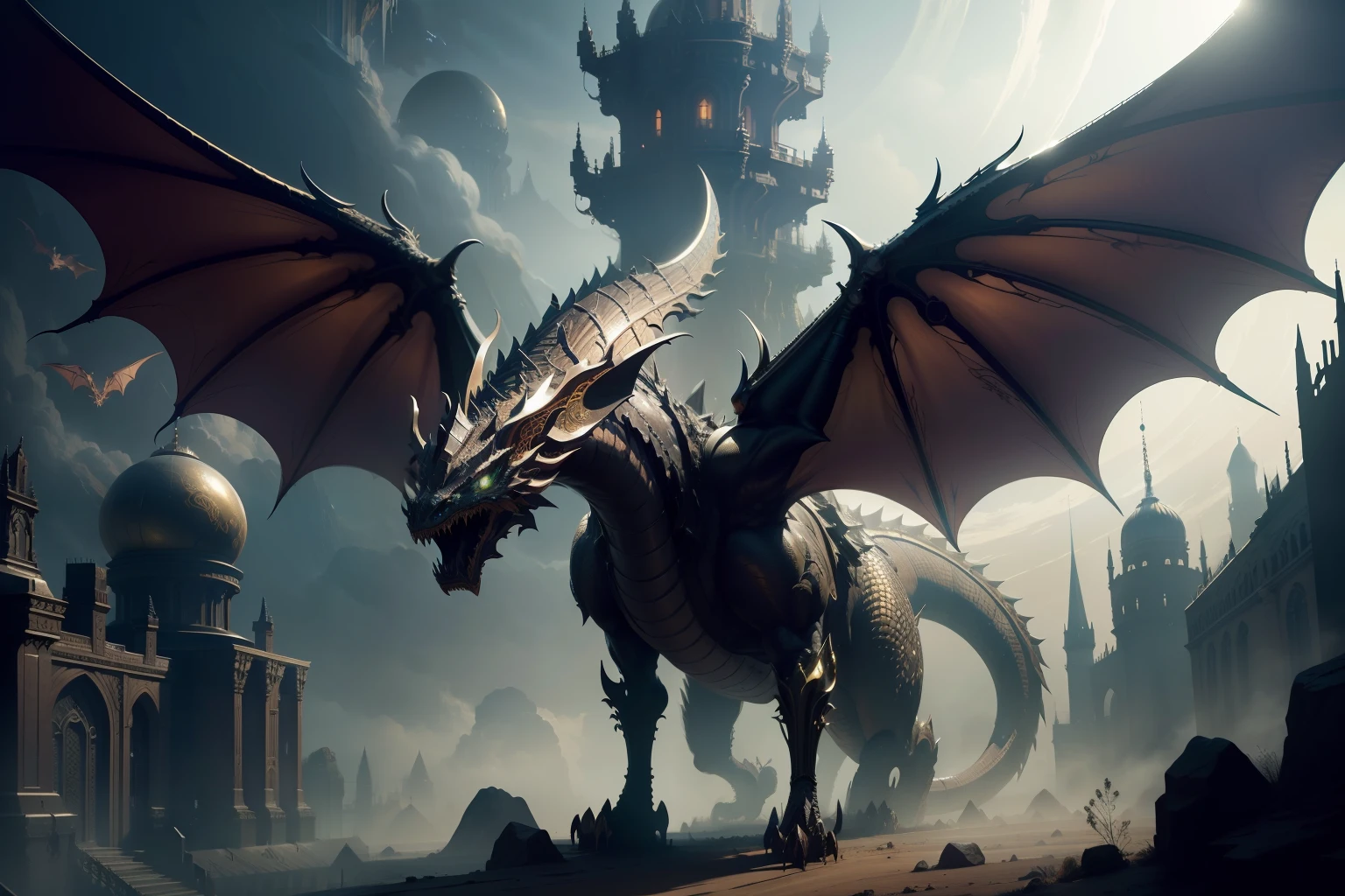 Ornate Metallic, Jeweled, Embellished, Powerful, Dangerous Mechanical Dragon flying over Spooky Kingdom in the style of Giger 8k resolution concept art Unreal Engine futurism ethereal mysterious photorealistic sci-fi