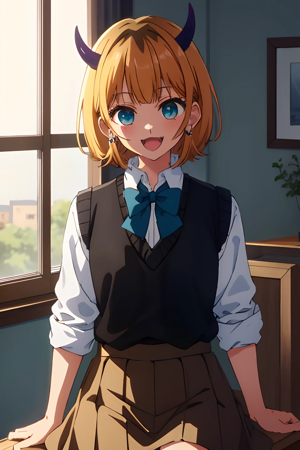 masterpiece, high quality, highres, memcho, 1girl, solo, cowboy shot, indoors, sitting, skirt, brown skirt, black vest, sweater vest, black shirt, blue bowtie, (:3), :d, fang, tiny horns