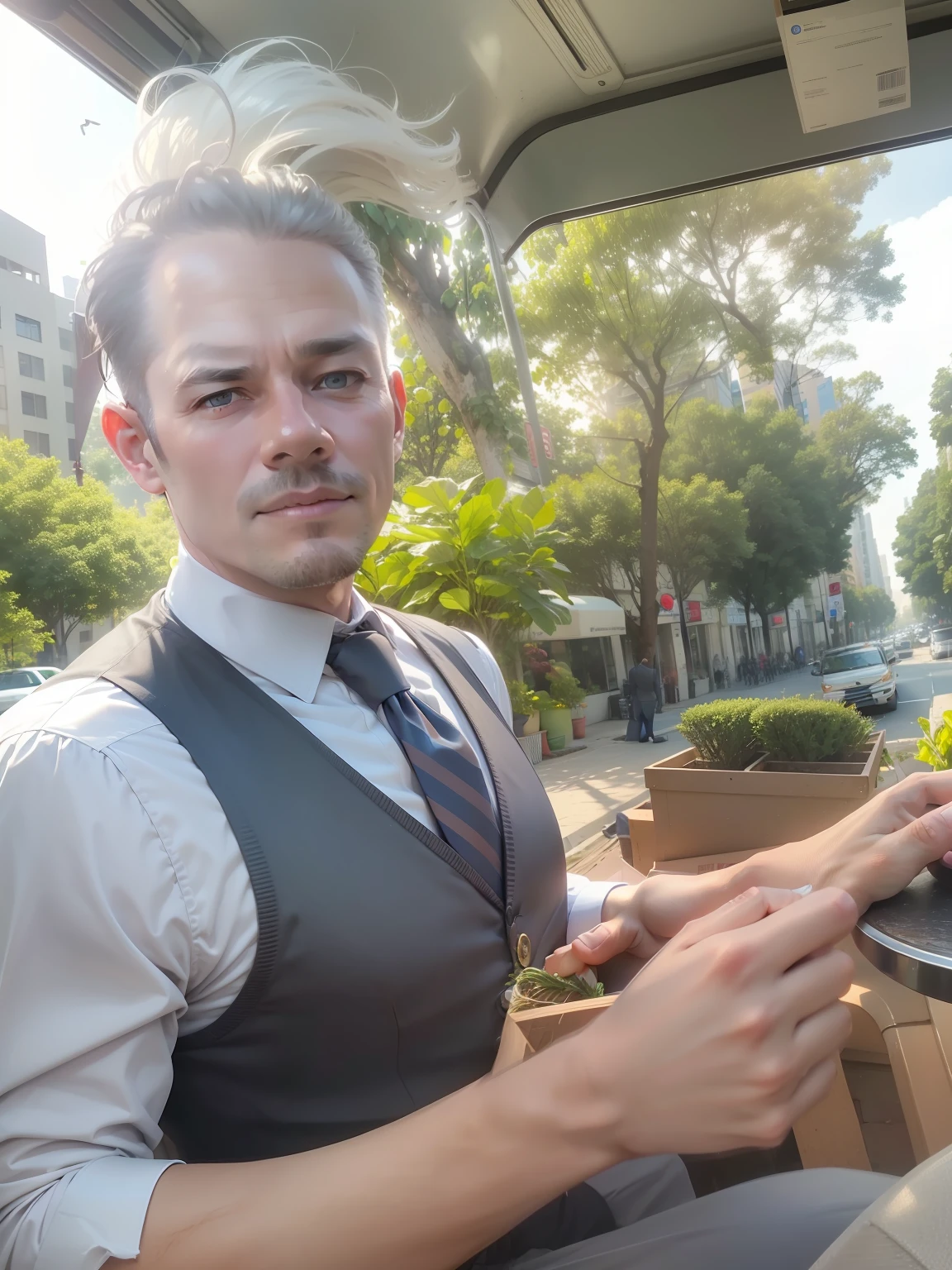 RAW photo, a close up portrait photo of businessman 40 y.o man in charming vest, long haircut, pale skin, slim body, background is city truck, high detailed skin, 8k uhd, dslr, soft lighting, high quality, film grain, Fujifilm XT3.