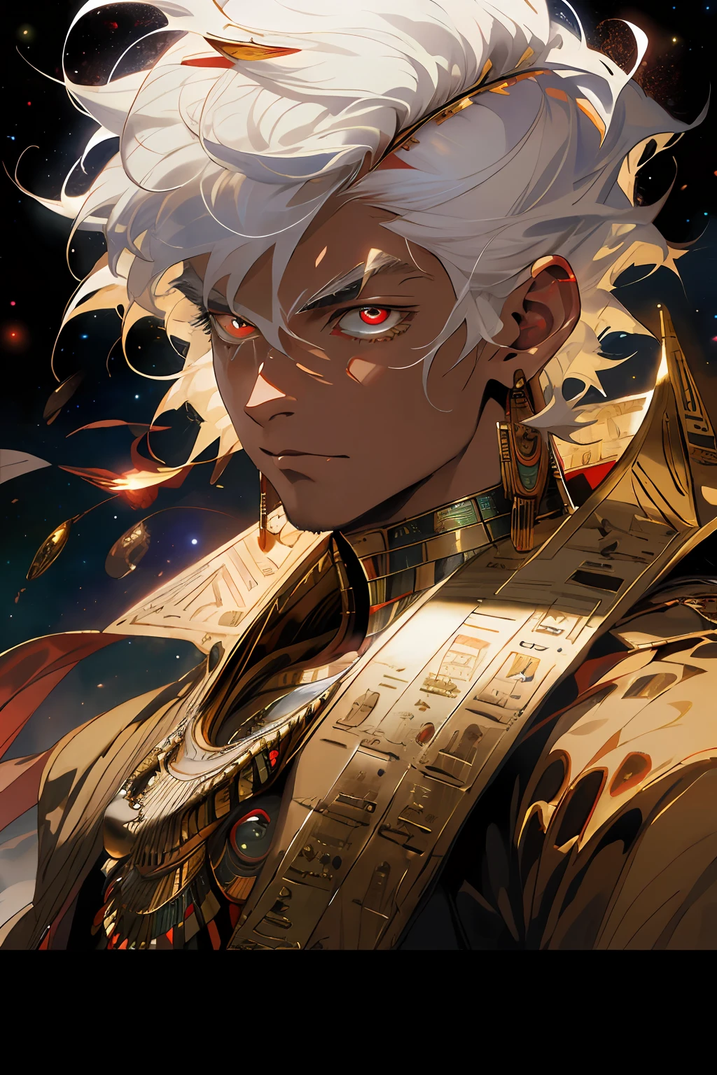 Realistic, (masterpiece, top quality, best quality, official art,), very detailed, most detailed, (1boy:1.3), gods, white hair, (glowing red eyes), mysterious, (magic), handsome men, ((Egyptian style)), headdresses, gold ornaments, bandages, pharaohs, cosmic background, galaxy background