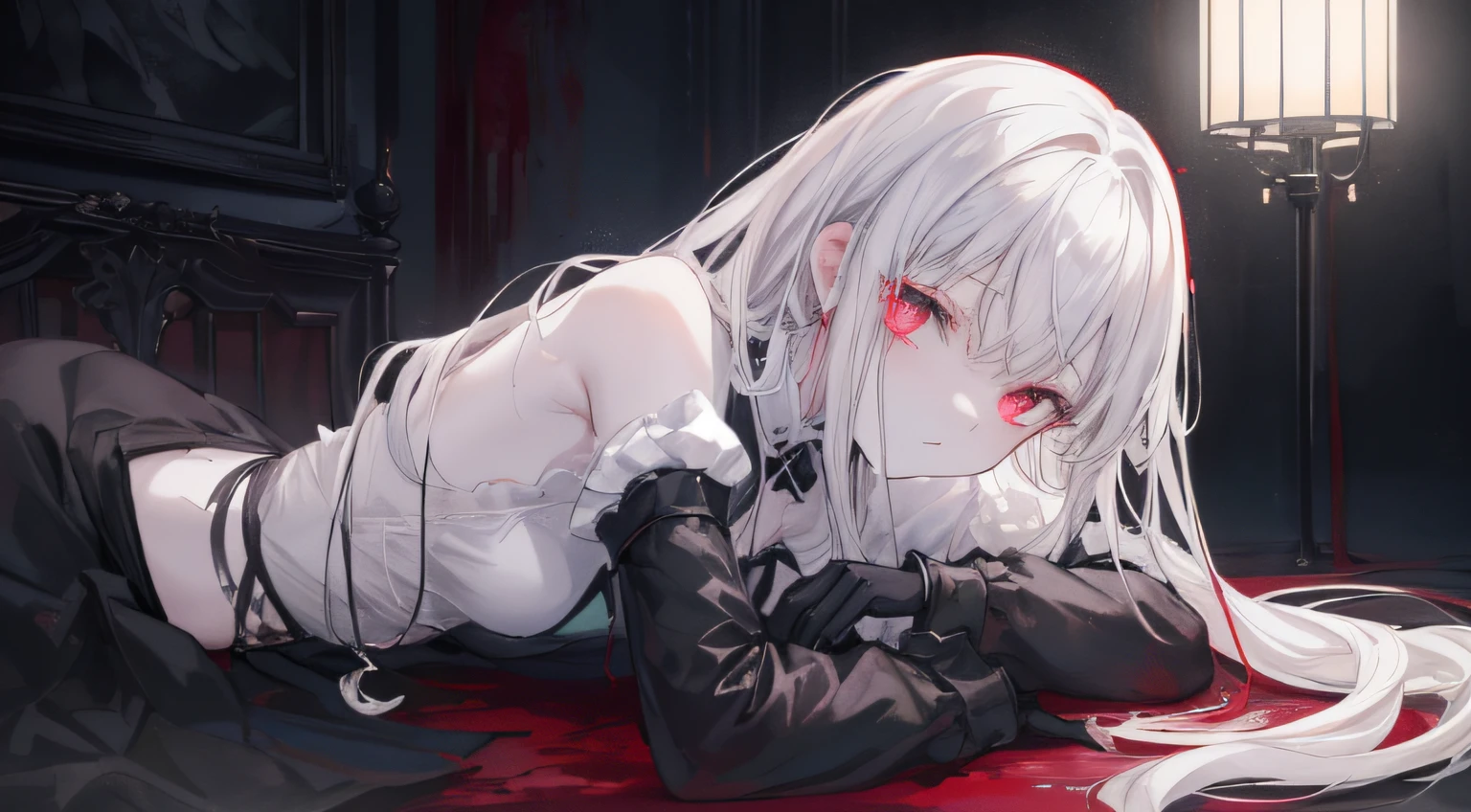 ((masutepiece, Best Quality, extremely details CG, Unity 8k壁纸,Anatomically correct,Hyper-Resolution)),awardwinning photo,(Best Illumination,Very delicate and beautiful),(One girl,Solo,Lori:1.5),,Silver hair,(Twin-tailed:1.2),Glowing red eyes,(pale skin:1.45),(Very beautiful and detailed face:1.2), (Very beautiful and detailed eyes:1.2),Perfect hands,delicate legs,(Graceful,Fashion),pointy ear,((white shirt,Black long skirt,high-heels,Black leather gloves,Black naked socks)),Looking at Viewer,sad,Crying,(lying on one's side:1.3),Tears,(Cute:1.5),((Night, Dark atmosphere, Dark theme, darkness:1.5)),Dramatic shadows,(The dim:1.5),blood on face,blood on floor, blood on walls,(blood mist,blood splash:1.4),depth of fields,(at bedroom:1.3,Table lamp,),(Perfect human body structure with maximum precision)、to close range