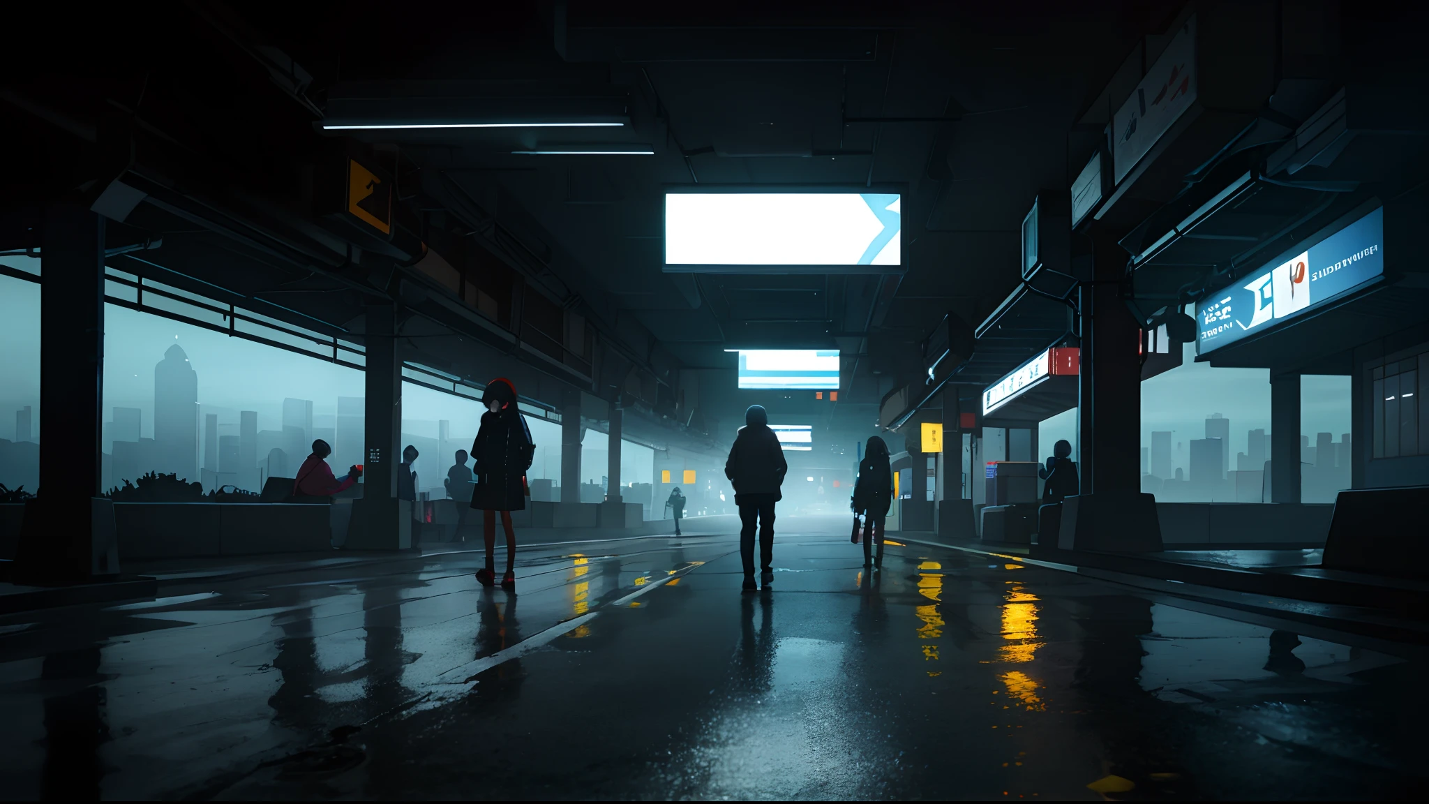 Urban design of Sidmead、chaos、Complex and high-definition、bladerunner、Ridley Scott's visual expression、Cidade futuristica、cyber punk perssonage、streetview，Old photos are super grainy，Retro，fog atmosphere