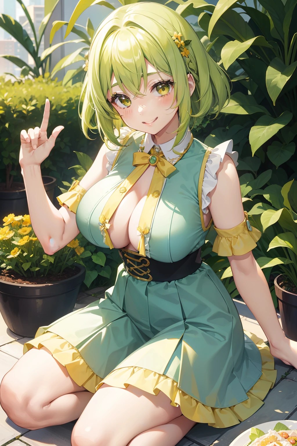 a beauty girl,Yellow-green and yellow mixed hair,bobhair、waved hair,Gentle sauce eyes,large full breasts,Manga style,fulcolor,hi-school girl,Bright smile,Big smile、childlike smile、innocent smiles