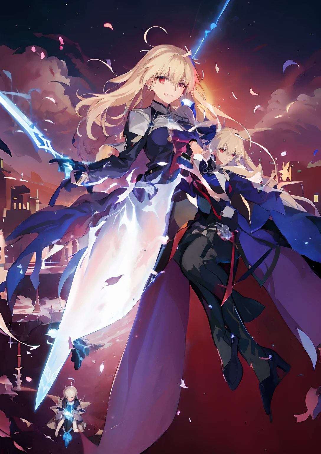 anime girl in a blue dress with a sword in her hand, anime style like fate/Stay Night, Gentle expression、anime goddess, Fate Grand Order, Smiled look、Soft look、made with anime painter studio, epic light novel art cover, ufotable art style, cushart krenz key art feminine, from the azur lane videogame, azur lane style, epic light novel cover art、Full body shot+shoe+Sitting、