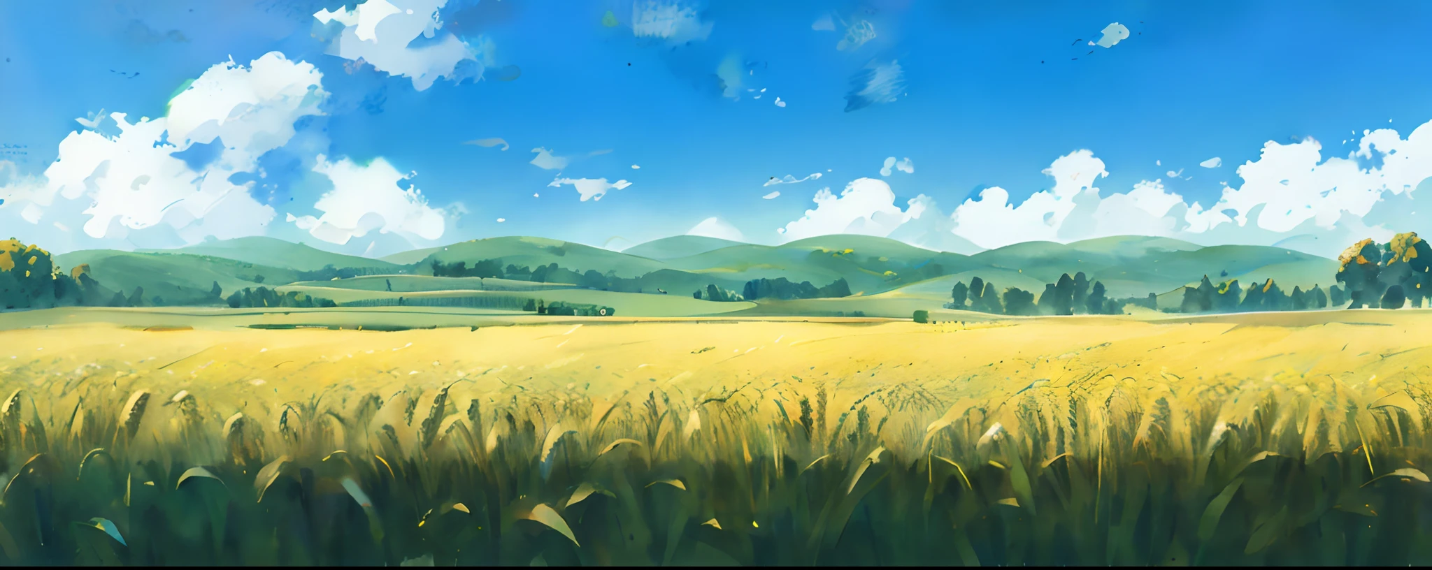 Wheat fields,Large area of wheat,ink wash style