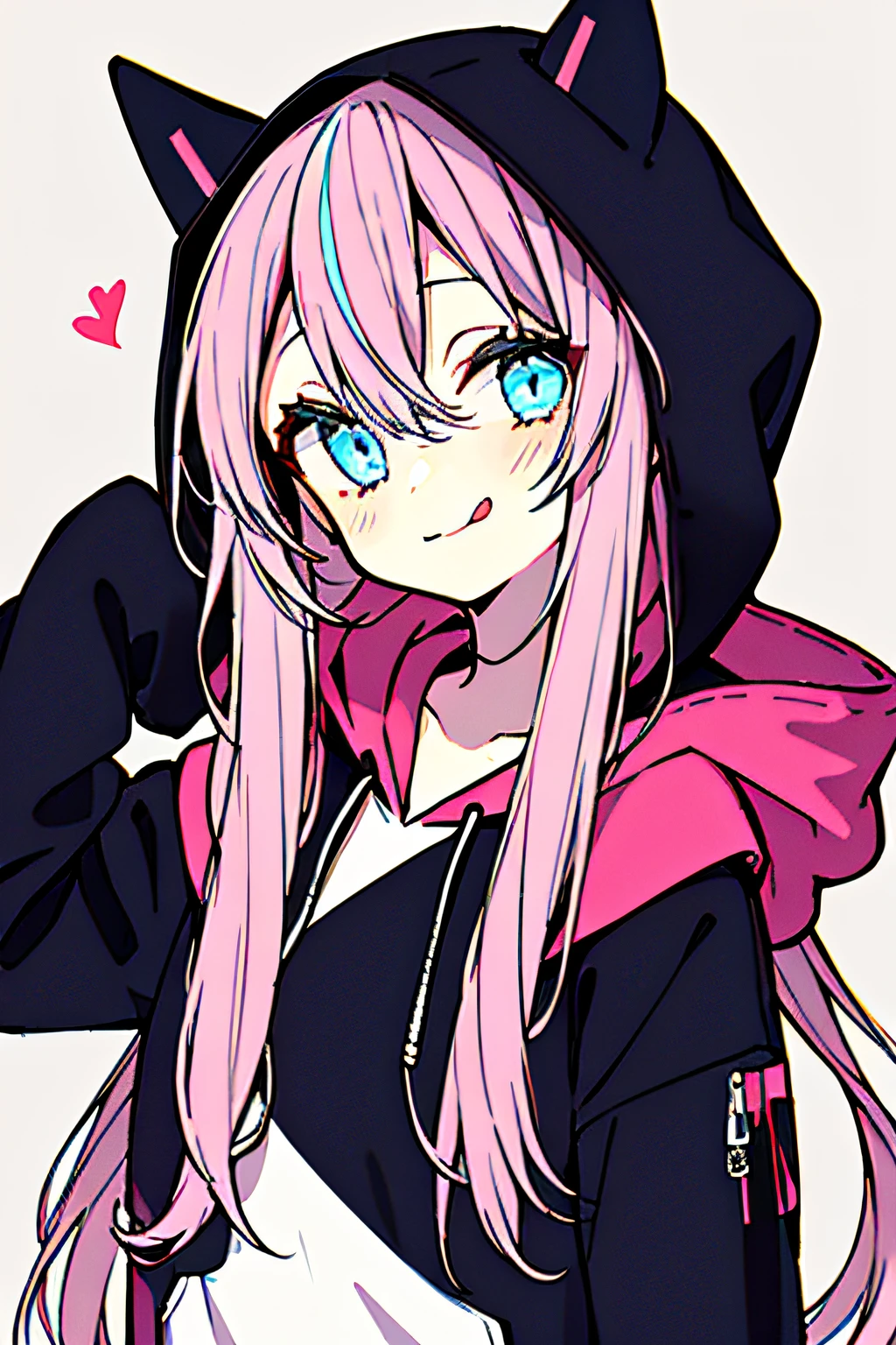 1girl, solo, hood, blue eyes, tongue, tongue out, long hair, long sleeves, bangs, hood up, black hoodie, arm up, upper body, multicolored hair, looking at viewer, white hair, hair between eyes, puffy long sleeves, hoodie, puffy sleeves, pink hair, drawstring, blush, closed mouth, :p, fake animal ears, virtual youtuber, sleeves past wrists, smile, horns, black jacket, jacket, two-tone hair