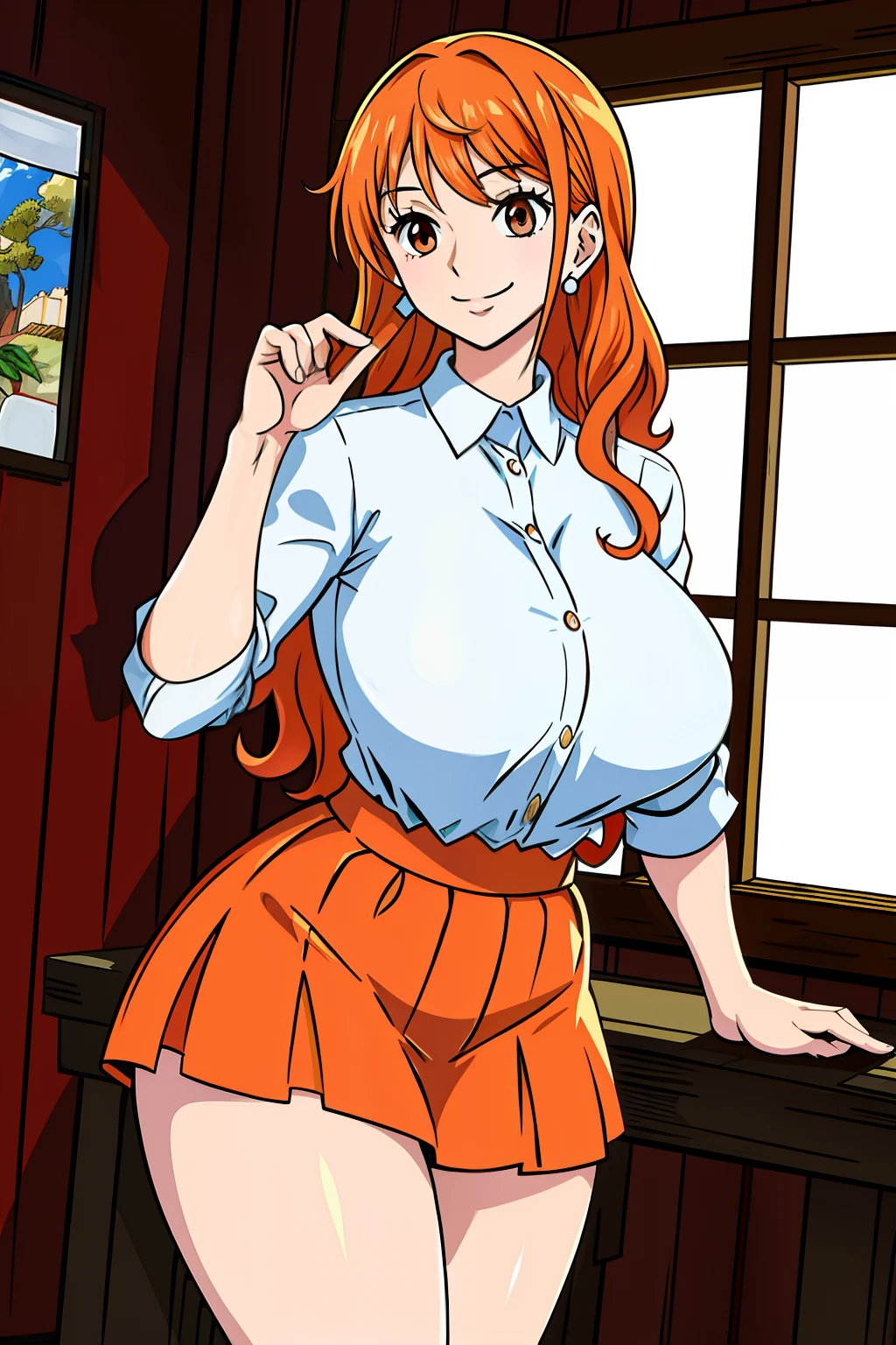 masterpiece, ((ultra detailed background, delicate pattern, intricate detail)), (highly detailed, fine details), best quality, beautiful lighting, ((medium breasts, slim girl)), NamiFinal, (( shirt, skirt)), simple shirt, 1girl, orange hair, solo, long hair, jewelry, brown eyes, smile, earrings, covered shoulders, (complex detailed background, inside, room environment, wooden walls, window, light rays), (cowboy shot),curvy athletic body, body fit clothes, huge breast, thicc thighs,