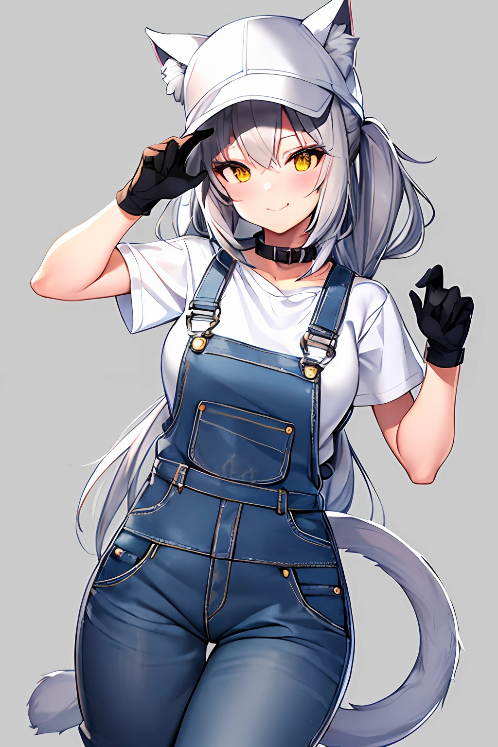 a gray haired cat girl with a cat tail, wearing a complete white cat hat with the word "ico", shirt, gray denim overalls, long black gloves, long gray boots and a cute face, no human ears, medium breasts, winking, yellow eyes, wearing a collar on a complete gray background, doing a pose