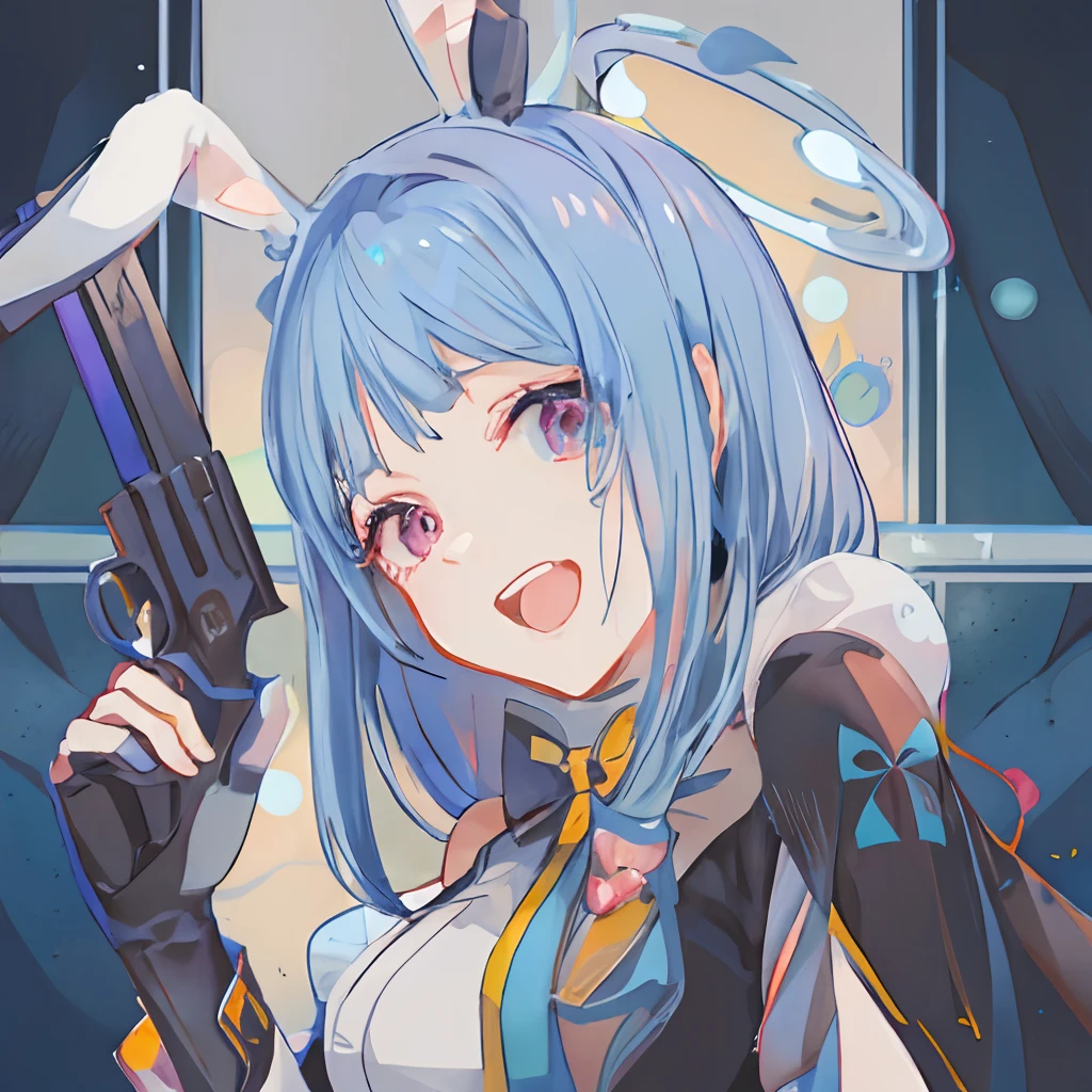 Holding a gun in hand、Anime girl with a halo on her neck, anime moe art style, Mikudayo, reisen udongein inaba, Anime girl with teal hair, Lori, with a pistol, In anime style, In an anime style, anime style character, anime styled」, Anime Best Girl, (Anime Girl), epic anime style, Anime Character